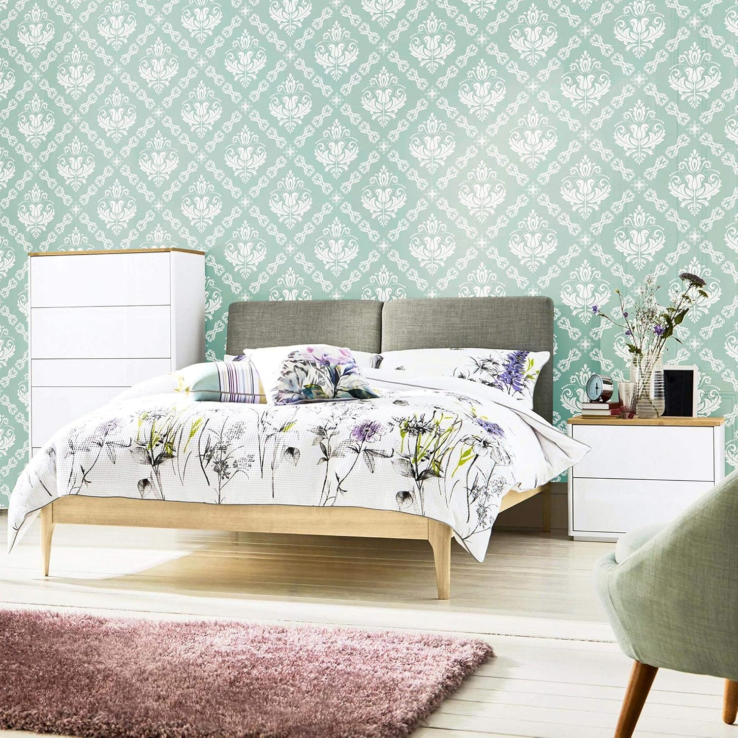 Walls By Me Peel and Stick Duck Egg Blue Damask Basic Removable Wallpaper 2864-2ft x 4ft (61x122cm)