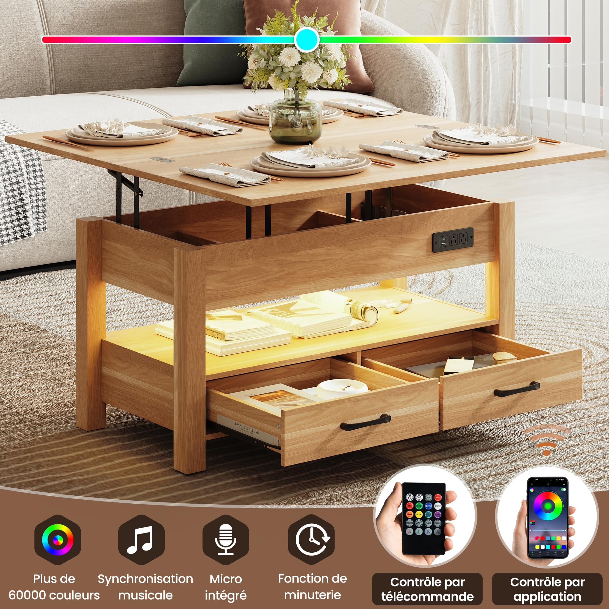 MALOL Table Basse Relevable Intelligente pour Salon, 4 en 1 Multifonction Moderne avec Tiroirs De Rangement, Table Basse en Bois Style Ferme, Naturel