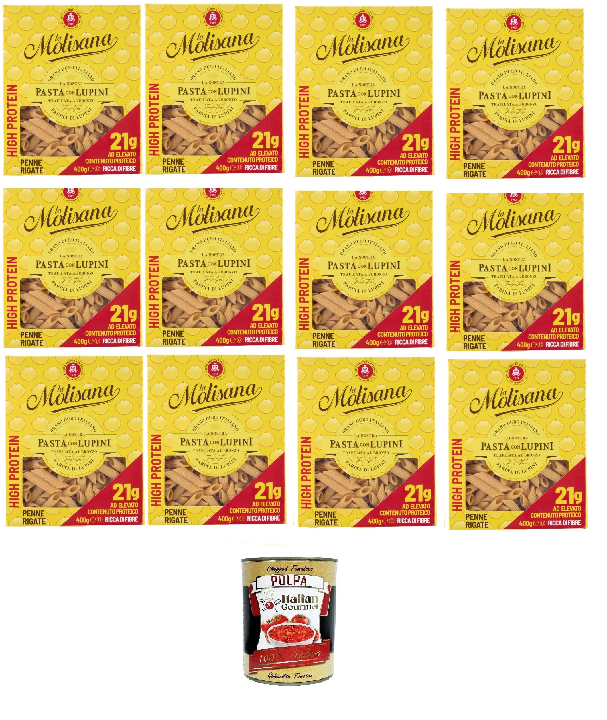 La Molisana, Penne rigate con altramuces, tagliatelle de proteínas con harina de altramuz y sémola italiana de trigo duro – bronce – 12 x 400 gr + Polpa italiana gourmet 400 g