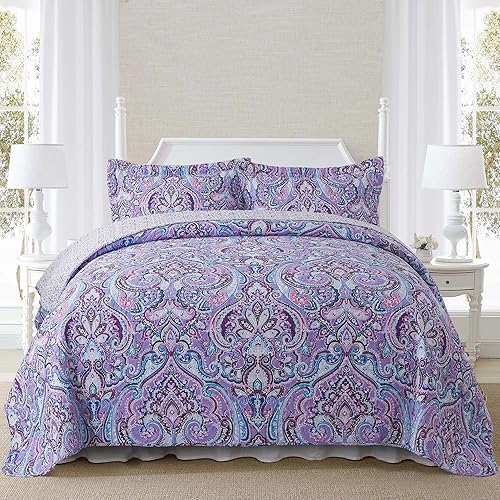 Vista 200 de NEWLAKE Juego de colcha de algodón, juego de colcha reversible de retazos, estampado real clásico turquesa, tamaño Queen Turquesa Clásico