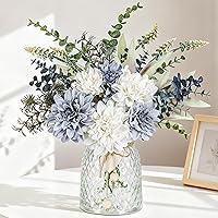 DerRose Navy Blue Artificial Silk Flowers in Glass Vase - Fake Dahlia Arrangements for Dining Table Kitchen Farmhouse Wedding Centerpieces