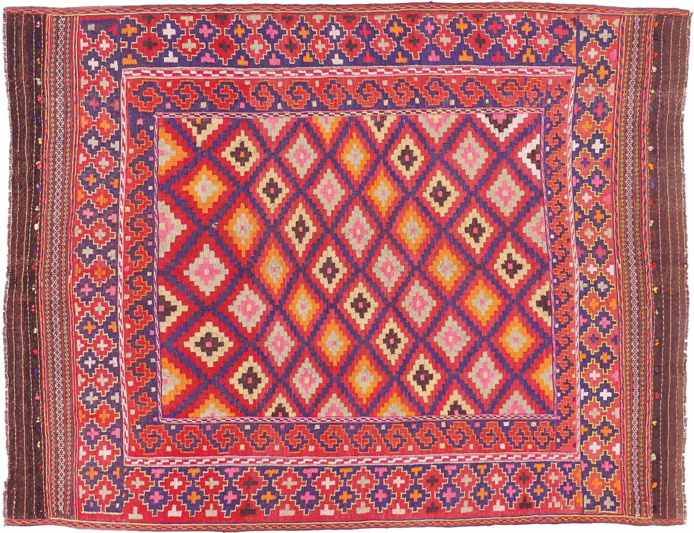 Tapis Afghan Kelim Soumakh rouge géométrique pour réchauffer votre grand salon