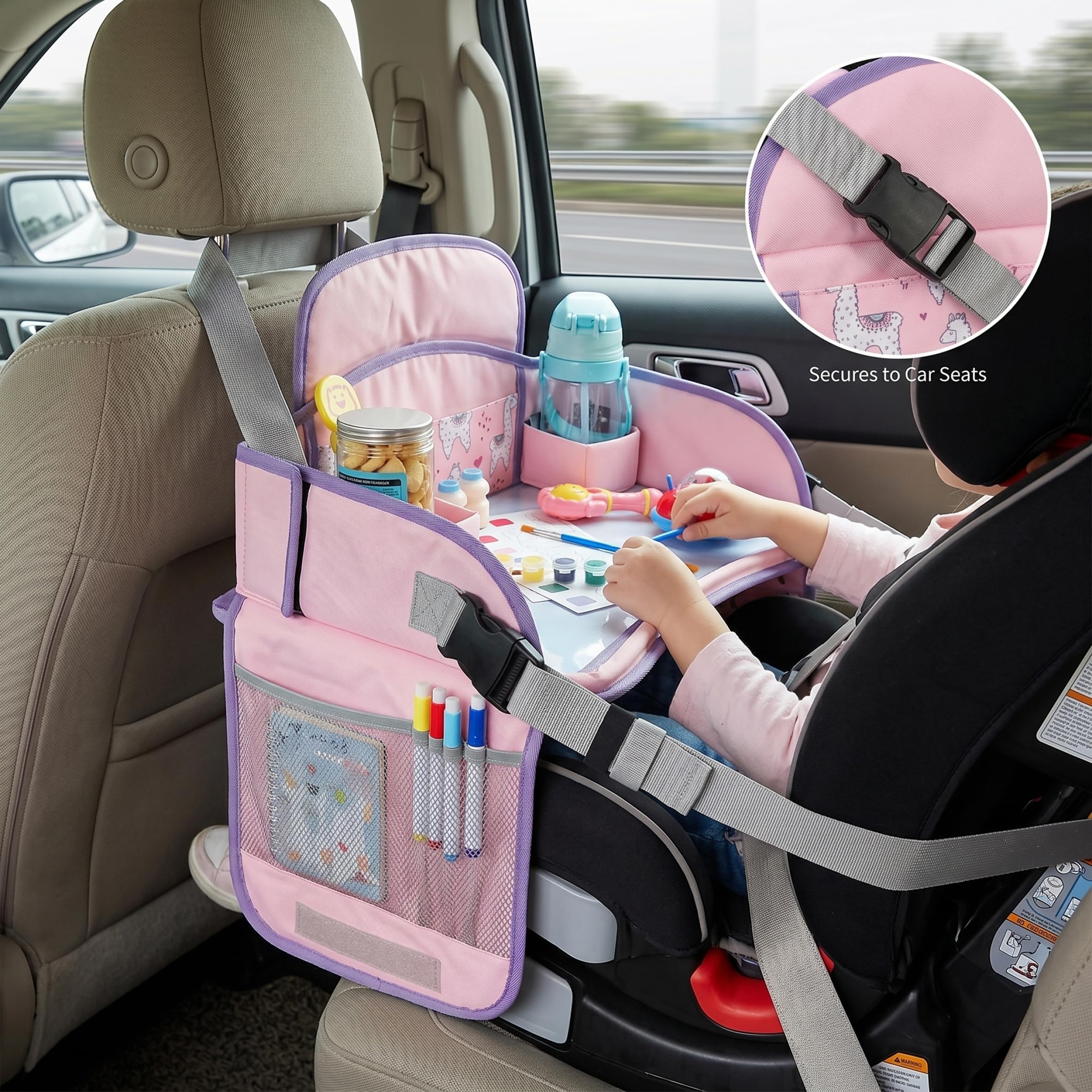 Tavolino da auto per bambini, vassoio da viaggio regolabile per bambini, tavolo pieghevole in tessuto compatibile con touchscreen con scomparti portaoggetti, per ragazzi e ragazze, Style-2