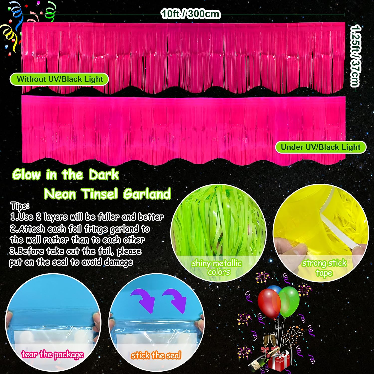 4 Packs 39 Ft Glow in The Dark Party Supplies Fringe Garland, Neon Macaron Parade Float Glow Tinsel Streamers Banner Table Skirts for for Birthday Holiday Neon Party (Green,Fuchsia,Yellow,Orange)