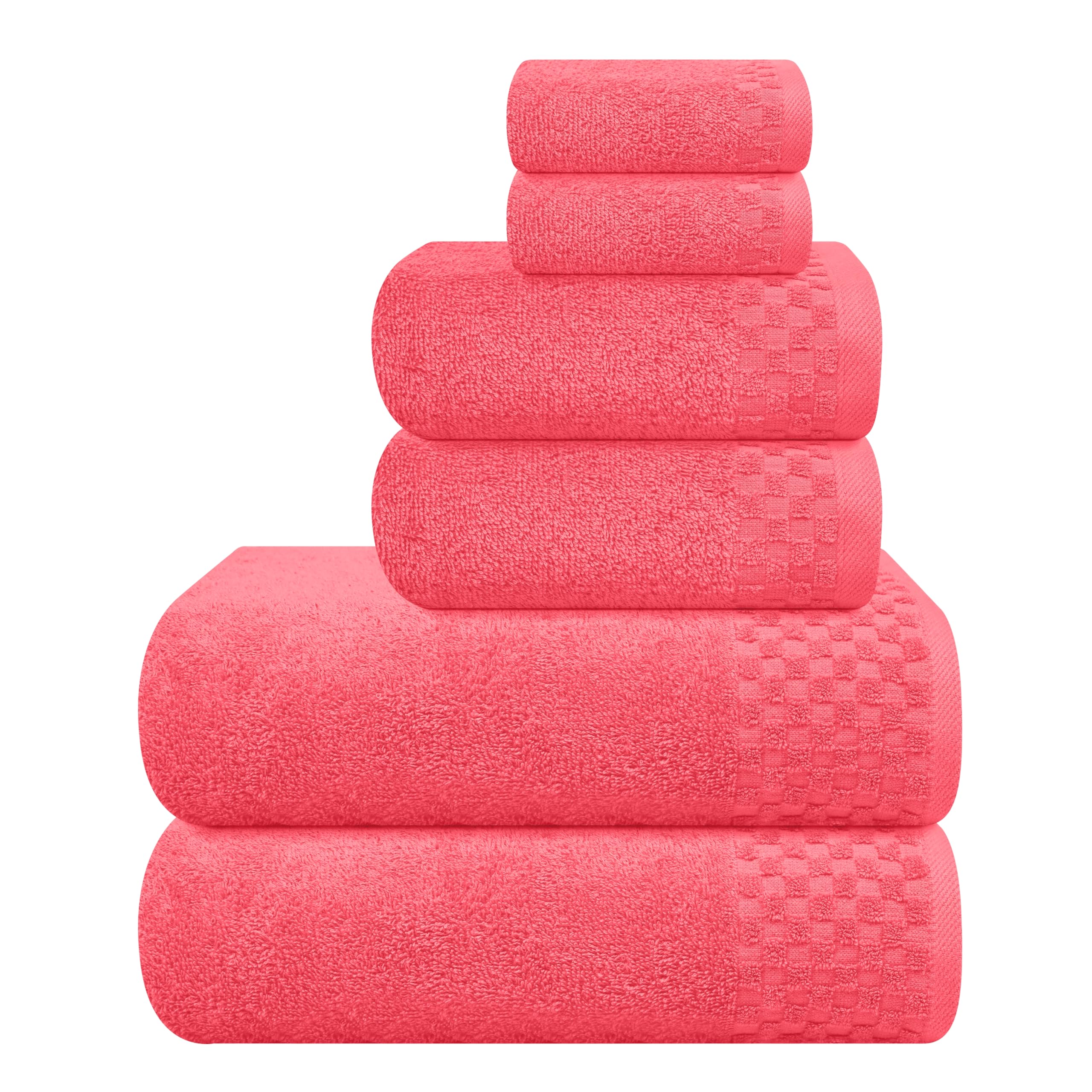 Premium Cotton 6 Pack Towel Set for Bathroom, Contains 2 Bath Towels 28x55 inch, 2 Hand Towels 16x24 inch & 2 Wash Coths 12x12 inch, Ideal Everyday use, Compact & Lightweight - Coral Orange