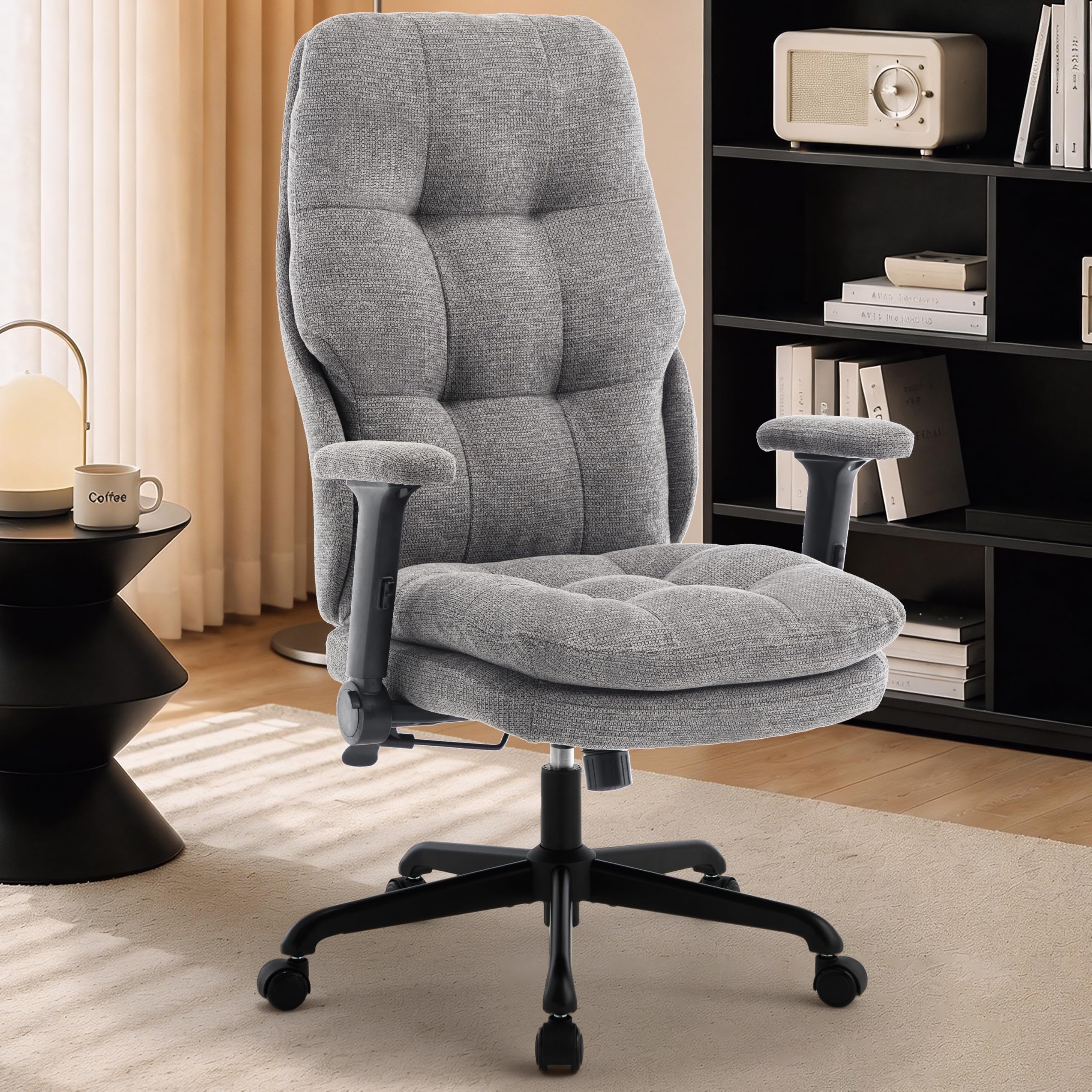Fizzin Grau Ergonomischer Bürostuhl Chefsessel | Hohe Rückenlehne, Doppelkissen-Armlehnen, umkehrbar & höhenverstellbar Computerstuhl für Büro und Homeoffice