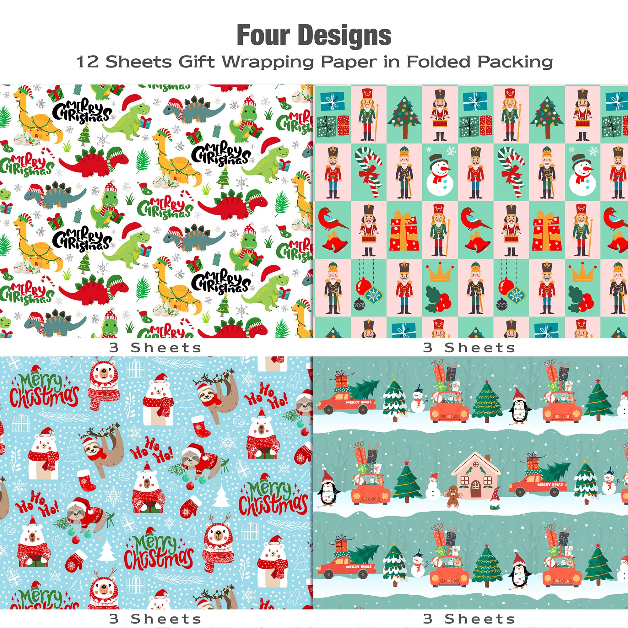MotiGiftie Weihnachts-Geschenkpapier für Jungen und Mädchen – Weihnachtsmann, bunte Dinosaurier, Pinguin, Weihnachtsbaum, Nussknacker-Designs – Urlaubs-Geschenkpapier für Festival, 12 Blatt, je 50,8 x