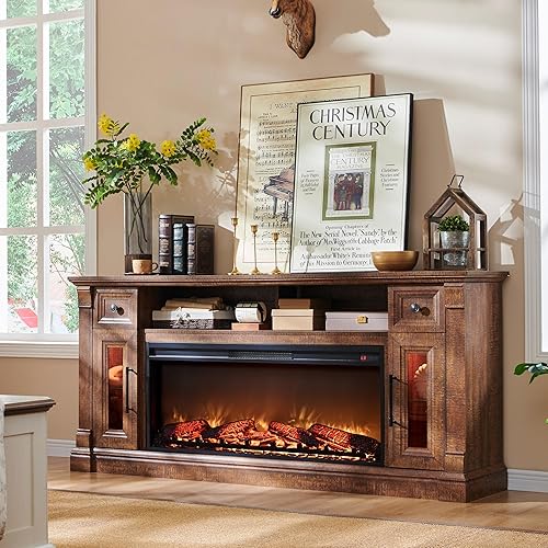 T4TREAM Farmhouse Fireplace TV Stand for 80" TV – Wood Entertainment Center with 42" Electric Fireplace, LED Lights, and Adjustable Storage for Cozy Living Room Ambiance, Reclaimed Barnwood Color