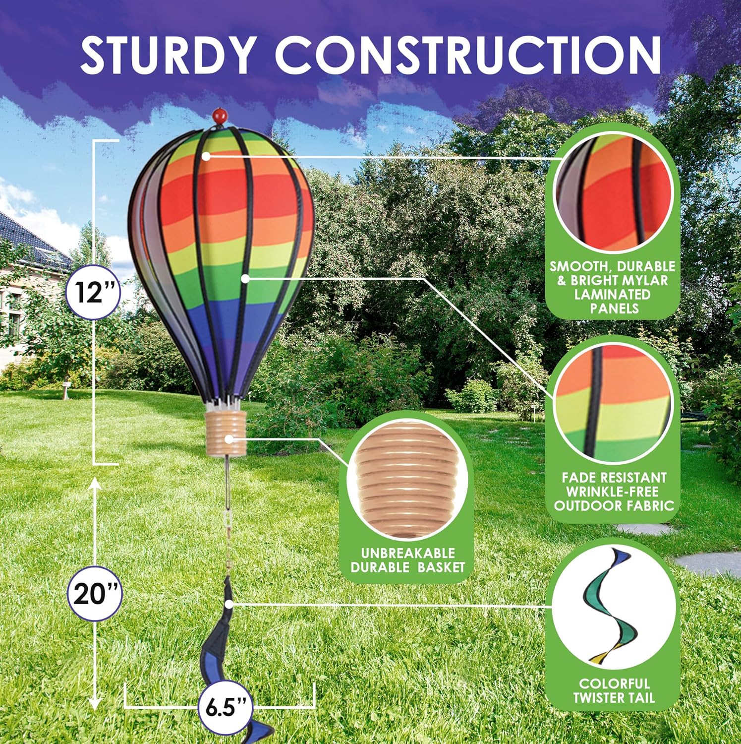 Hot Air Balloon Hanging Garden Spinner 12" - Vibrant Classic Rainbow Design, Weather-Resistant Outdoor Decor, Durable & Lightweight for Patios, Yards, and Gardens - Eye-Catching Wind Spinner