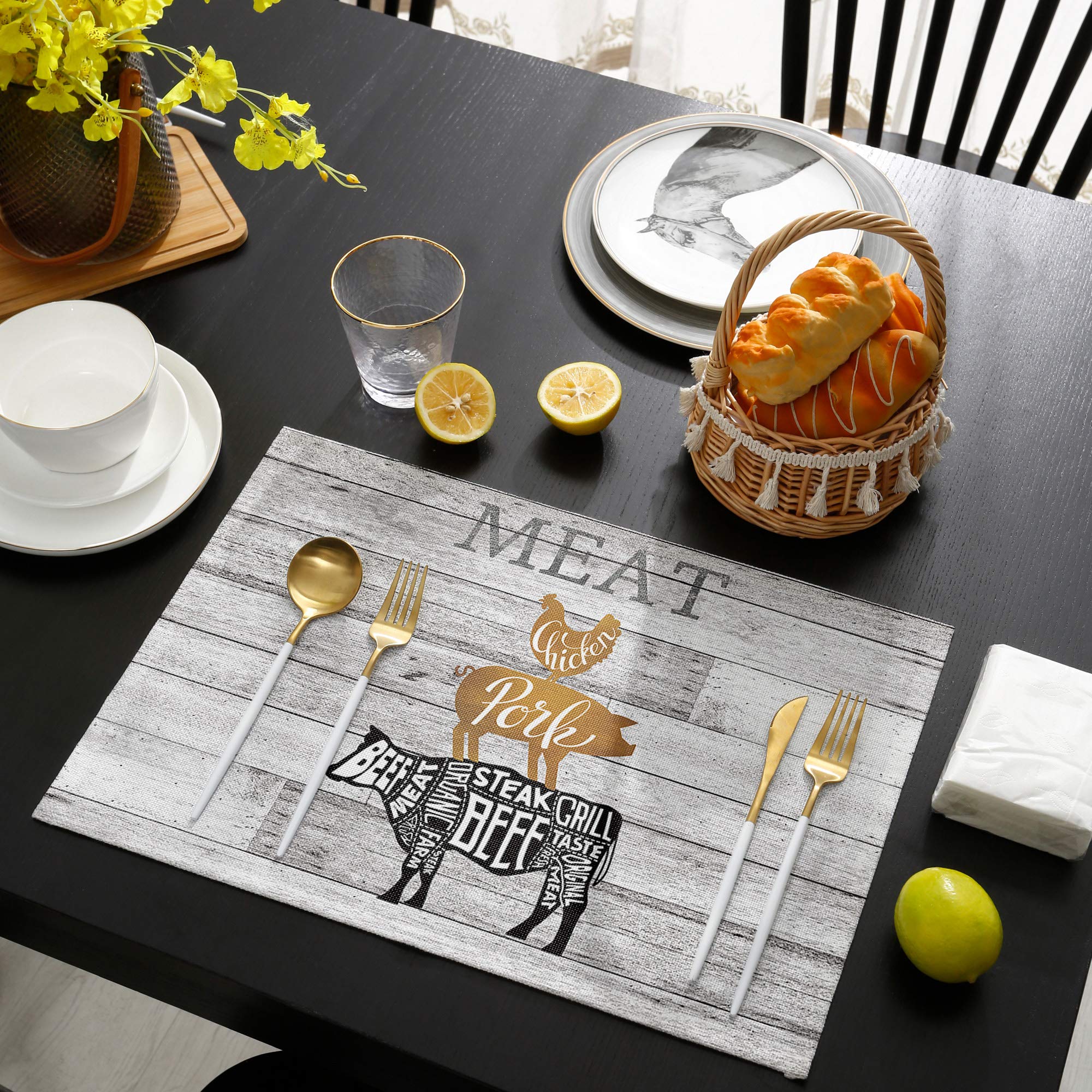 Lazone Placemats for Dining Table,Heat Insulation Washable Table Mats Set of 6, Farmhouse Animal Themed Cow Pig Chicken Table Placemats Set Indoor and Outdoor Decorations