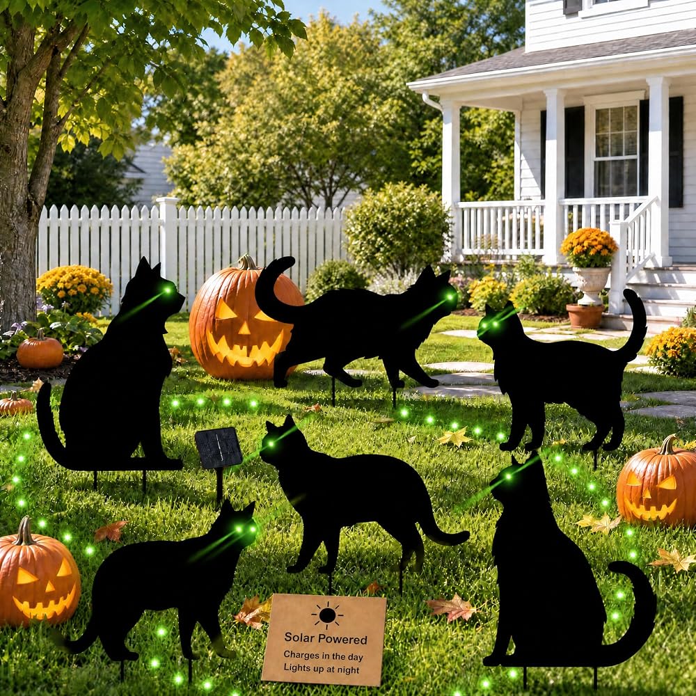 6 Pack Halloween Black Cat Yard Decorations, Solar Powered