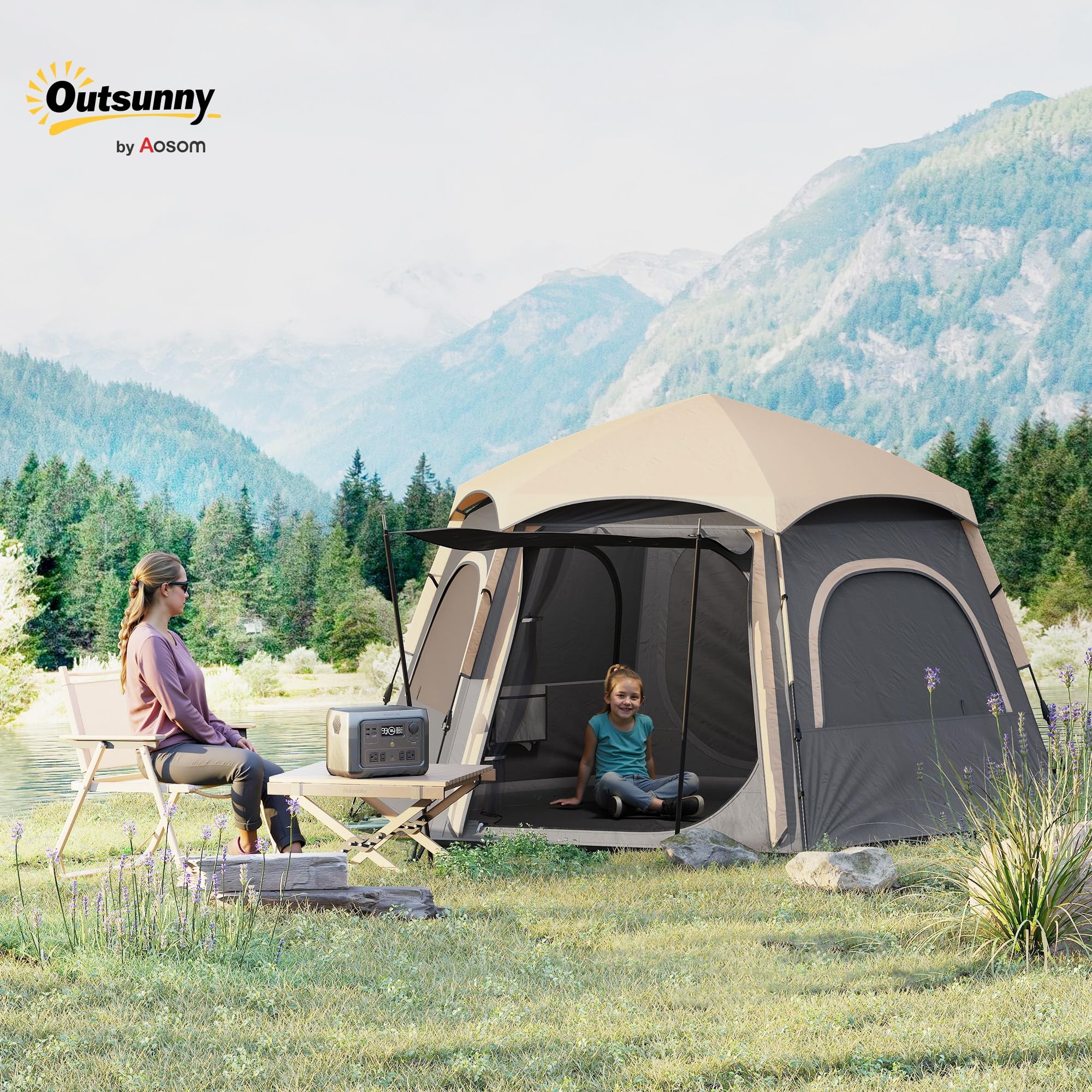 Outsunny Tienda de campaña instantánea para 2/3/4 personas, fácil instalación, tienda familiar con vestíbulo, lluvia, 4 ventanas de malla y 2 puertas, diseño hexagonal, tienda de campaña impermeable