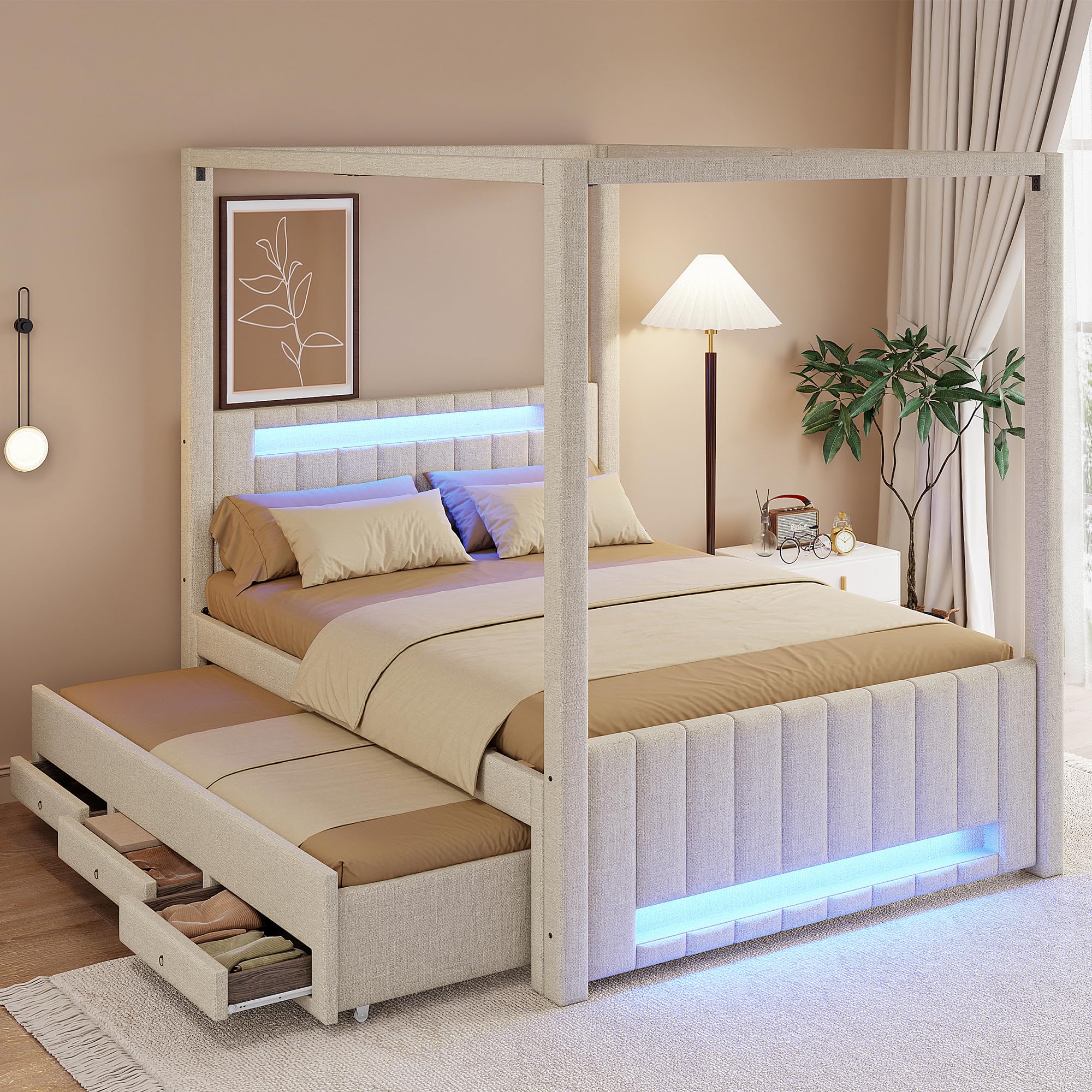 Generico Lit à baldaquin rembourré 140x200 cm avec lit gigogne et trois tiroirs, éclairage LED, beige (Beige)