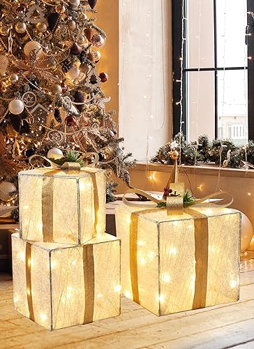 Miniatura 4 de 3 cajas de regalo iluminadas, decoraciones de Navidad, 12 pulgadas, 10 pulgadas, 8 pulgadas con 60 mini luces preencordadas, cajas de regalo