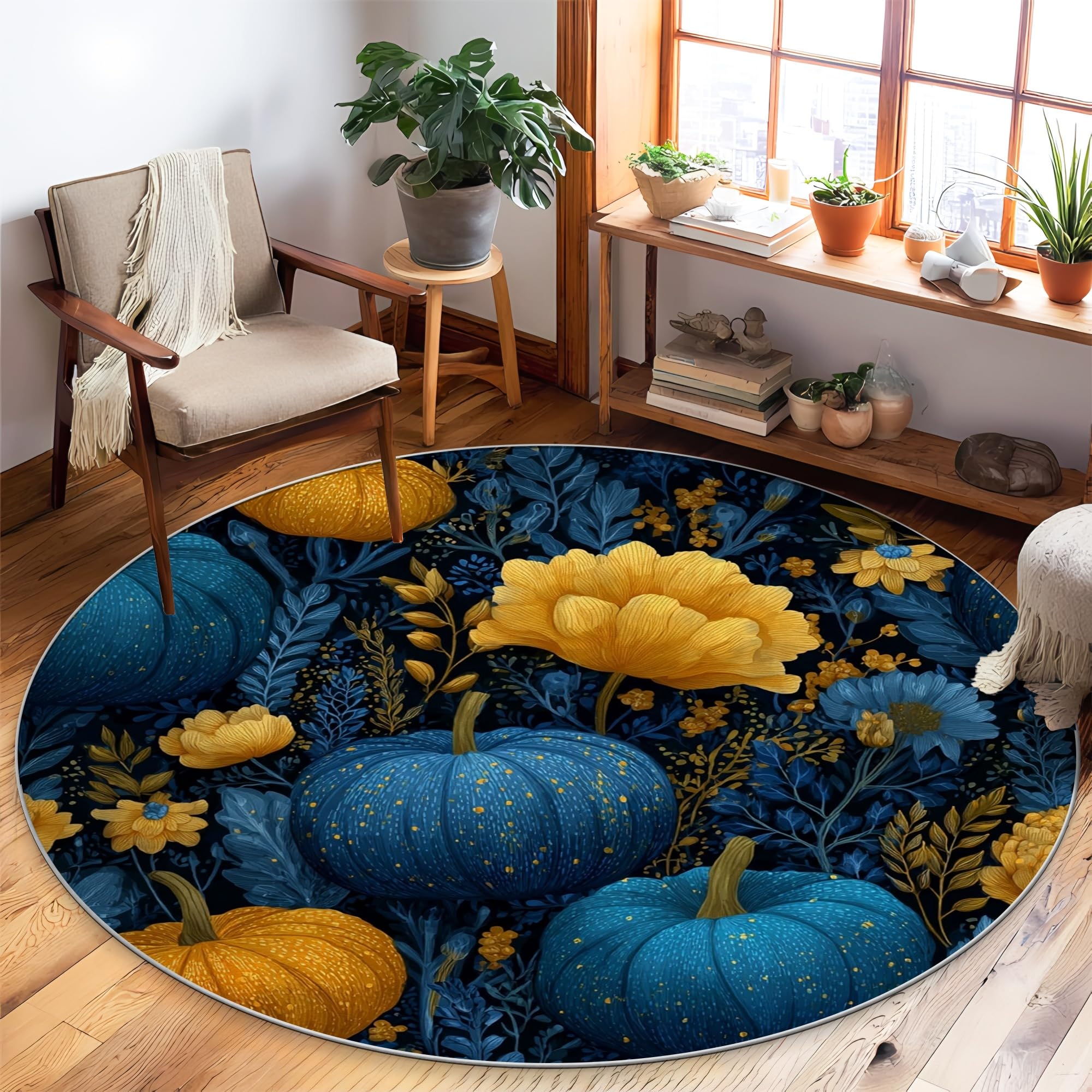 Tapis de citrouille fleurs d'automne et feuilles bleu pour chambre