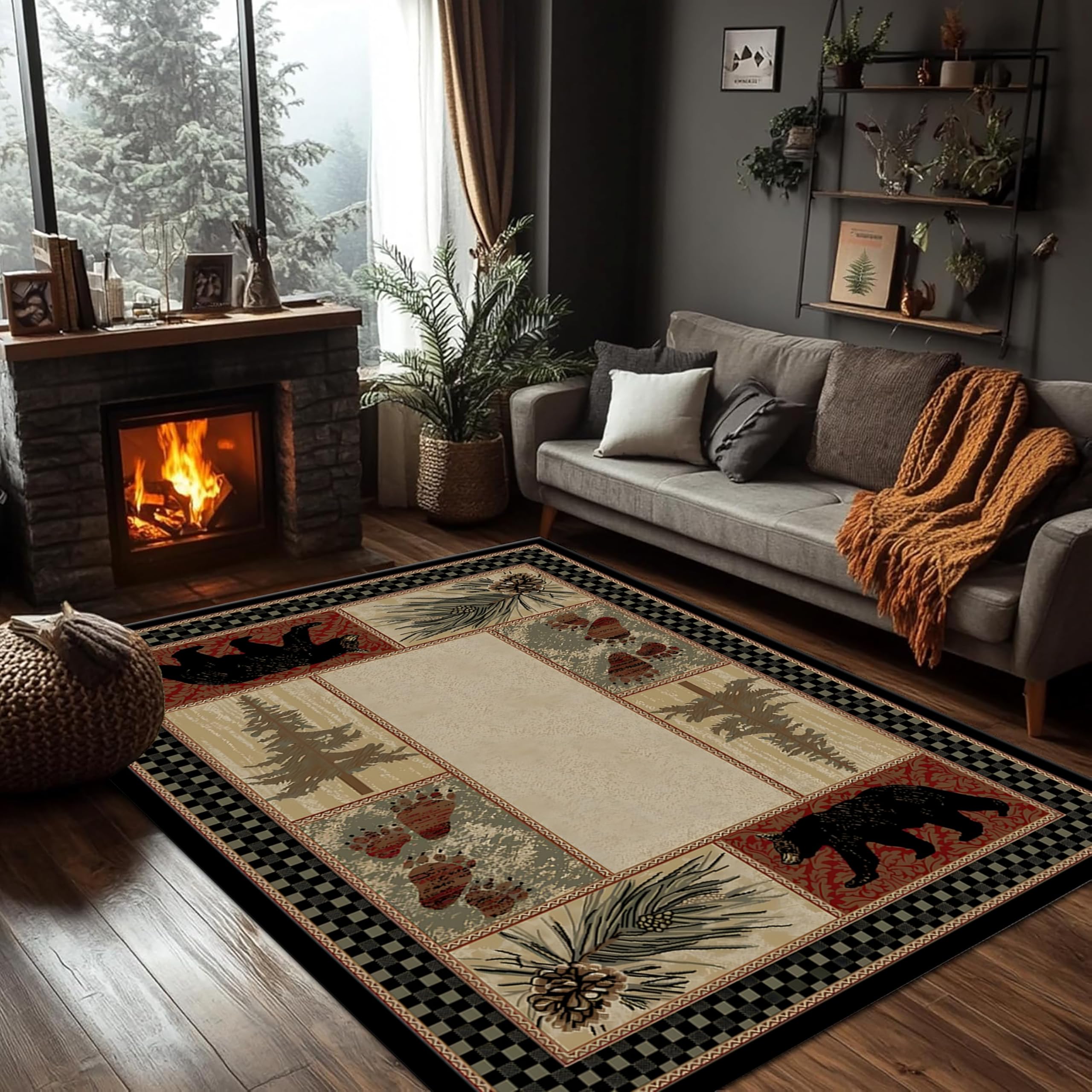 PDENZG Rustic Rugs for Living Room,180x300cm,Farmhouse Woodland Animal Bear Carpet, Country Pine Cones Maple Leaf Bear Paw Print Washable Cabin Carpet, Retro Buffalo Plaid Non Slip Wildlife Rug