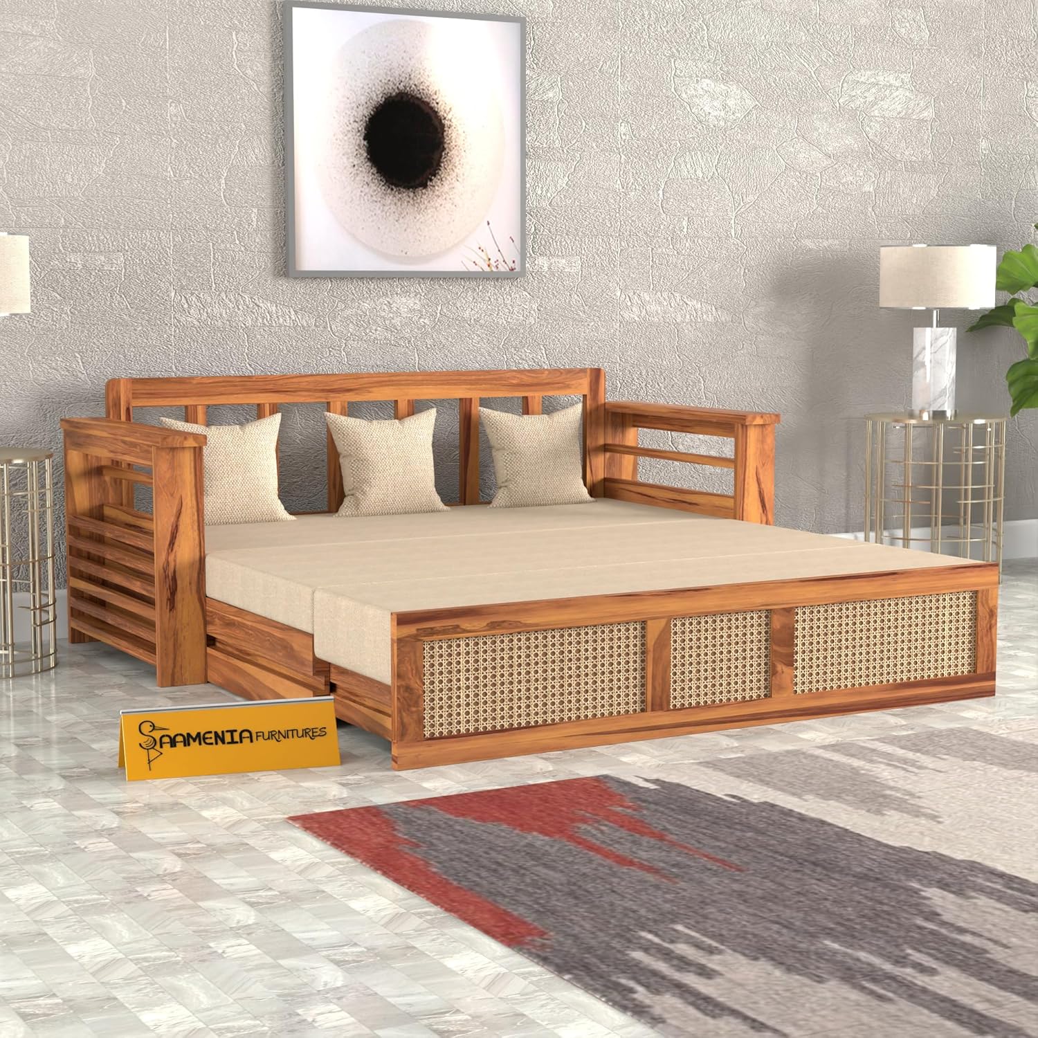 Solid Sheesham Wood Sofa Cums Bed with Mattress & Storage | Rosewood Convertible Sofa Bed for Living Room & Bedroom (F-Natural (Beige), 3 Seater) Solid Sheesham Wood Sofa Cums Bed with Mattress & Storage | Rosewood Convertible Sofa Bed for Living Room & Bedroom (F-Natural (Beige), 3 Seater)