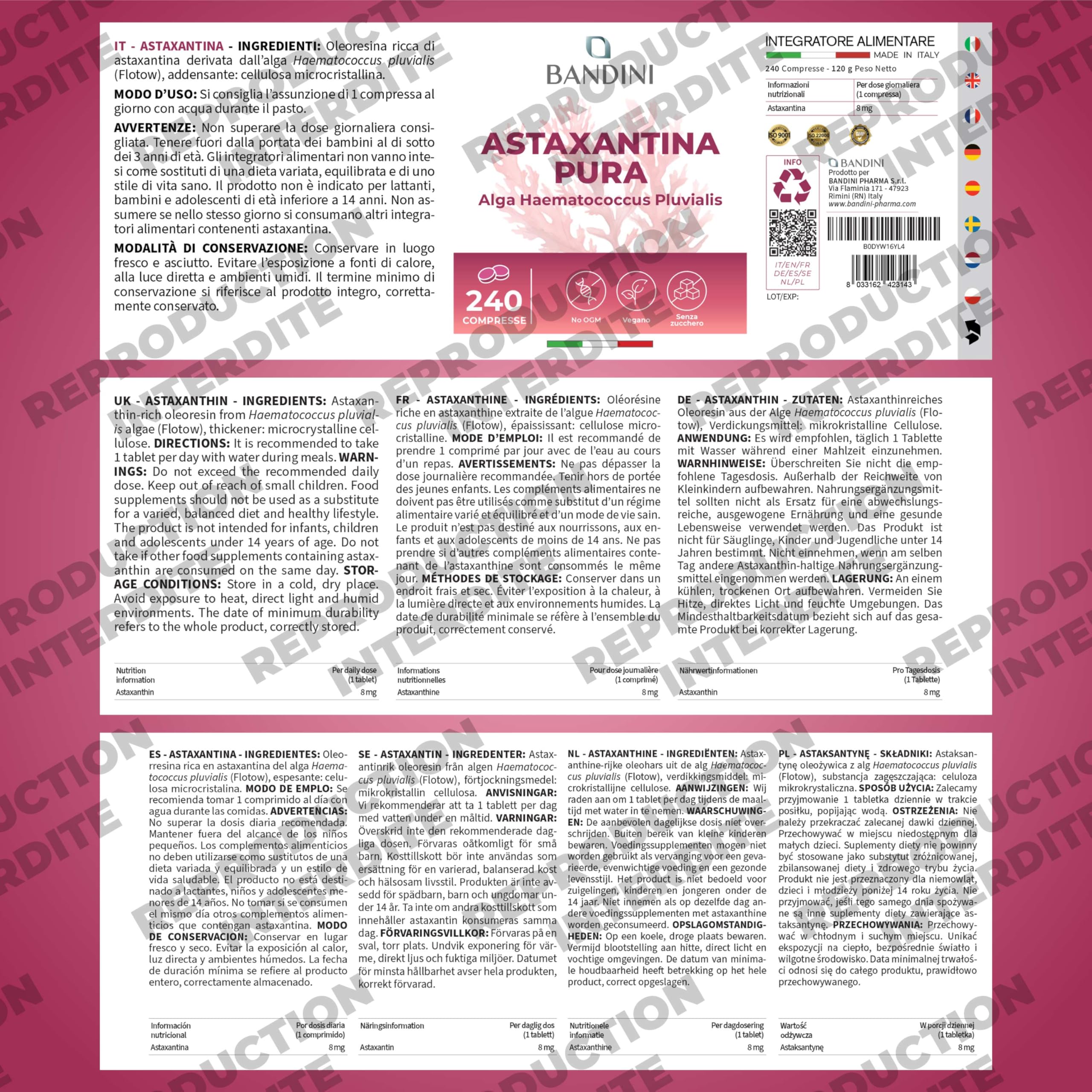 Bandini® Astaxanthine 240 comprimés (8 mois) | Pure 8 mg d'Algue Marine Haematococcus Pluvialis | Concentration & Biodisponibilité Élevées | Antioxydant naturel puissant | Sans Additifs, 100% vegan