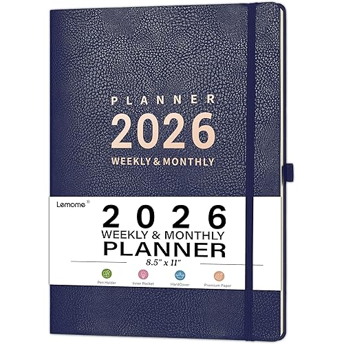 2026 Planner - Jan 2026 - Dec 2026, 2026 Planner Weekly and Monthly, 8.5" x 11", Pen Holder, Calendar Stickers, Pocket, 25 Notes Pages, Faux Leather Cover, A4 Premium Paper - Blue
