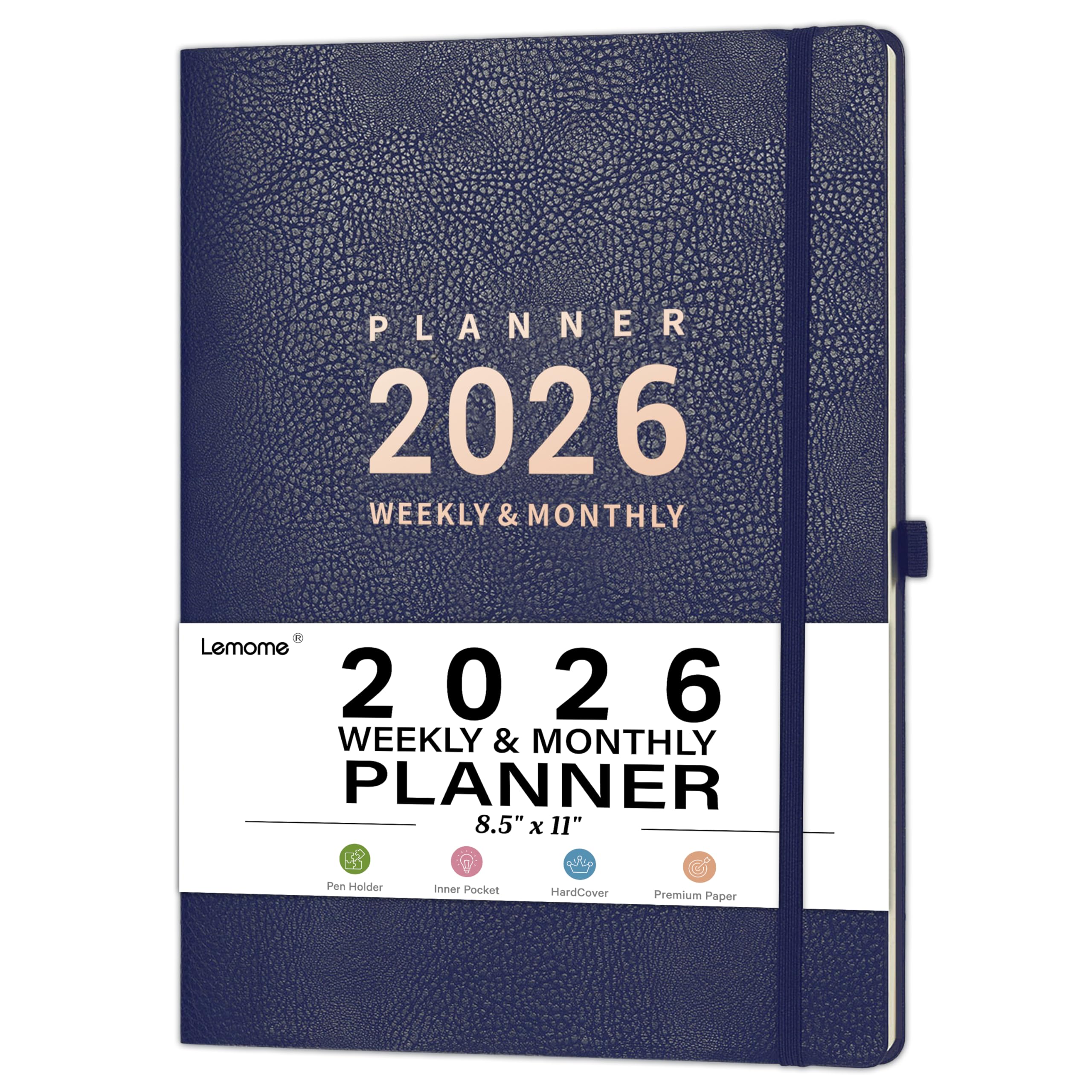 2026 Planner - Jan 2026 - Dec 2026, 2026 Planner Weekly and Monthly, 8.5" x 11", Pen Holder, Calendar Stickers, Pocket, 25 Notes Pages, Faux Leather Cover, A4 Premium Paper - Blue