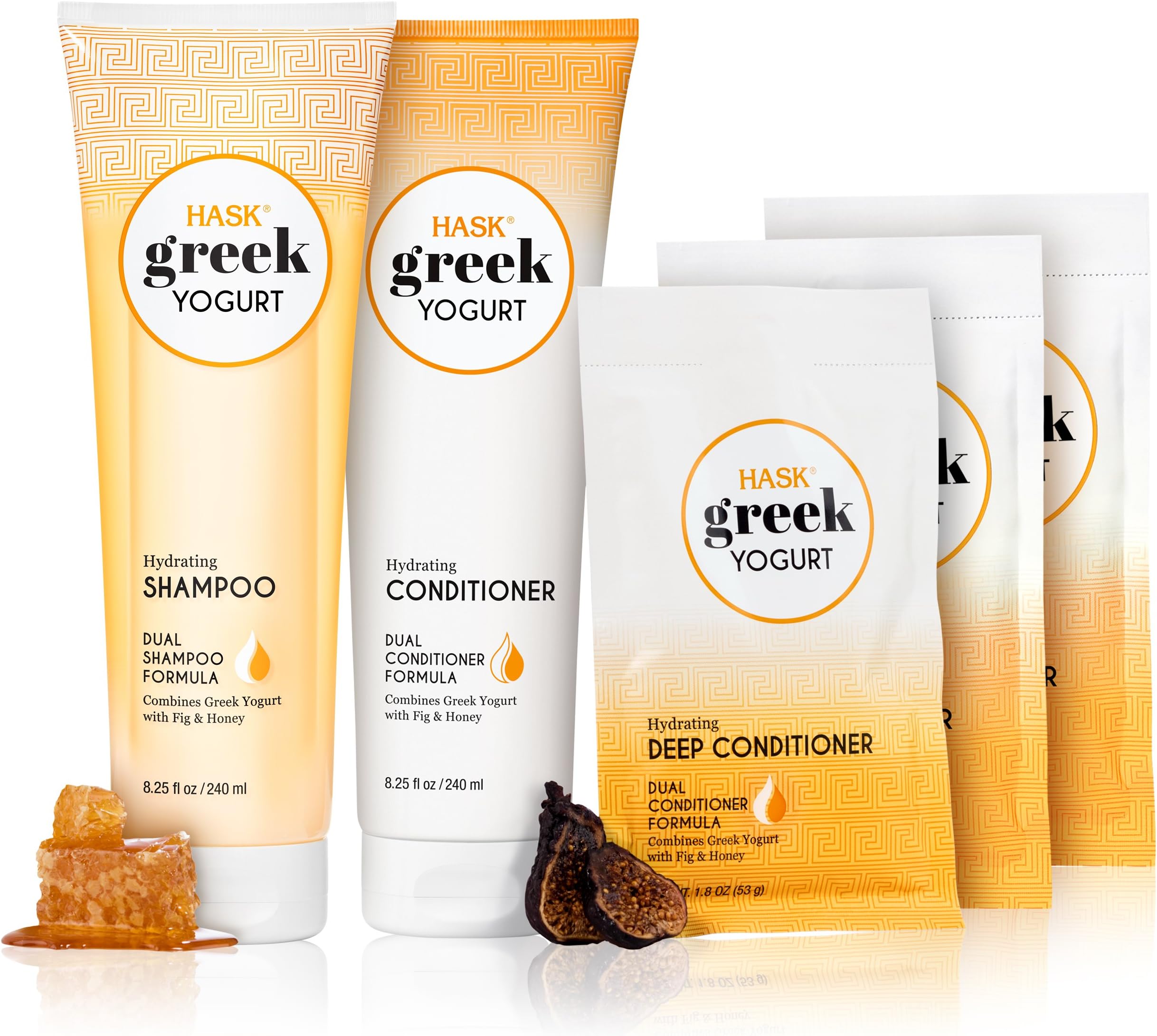 HASK Shampoo and Conditioner Greek Yogurt Hydrating color safe, gluten free, sulfate free, paraben free - Fig and Honey 1 Shampoo, 1 Conditioner and 3 Deep Conditioning Treatments Kit