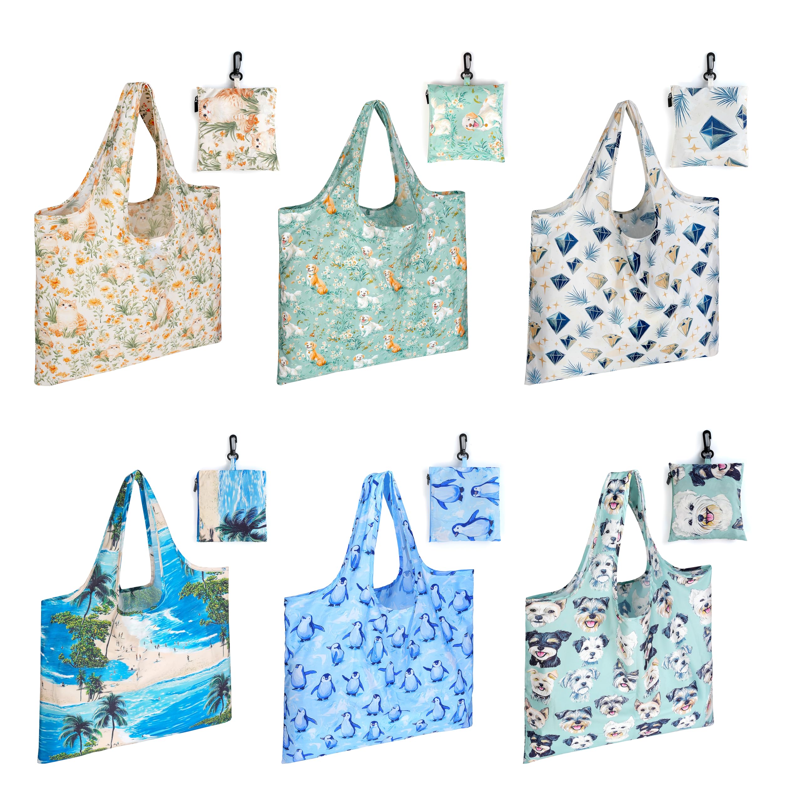 JOVIUMII Extra Large Reusable Grocery Bags 6 Pack Cute Foldable Washable Packable 55LBS Large with Carry Buckle Inside Shopping Bags Reusable Tote Bag