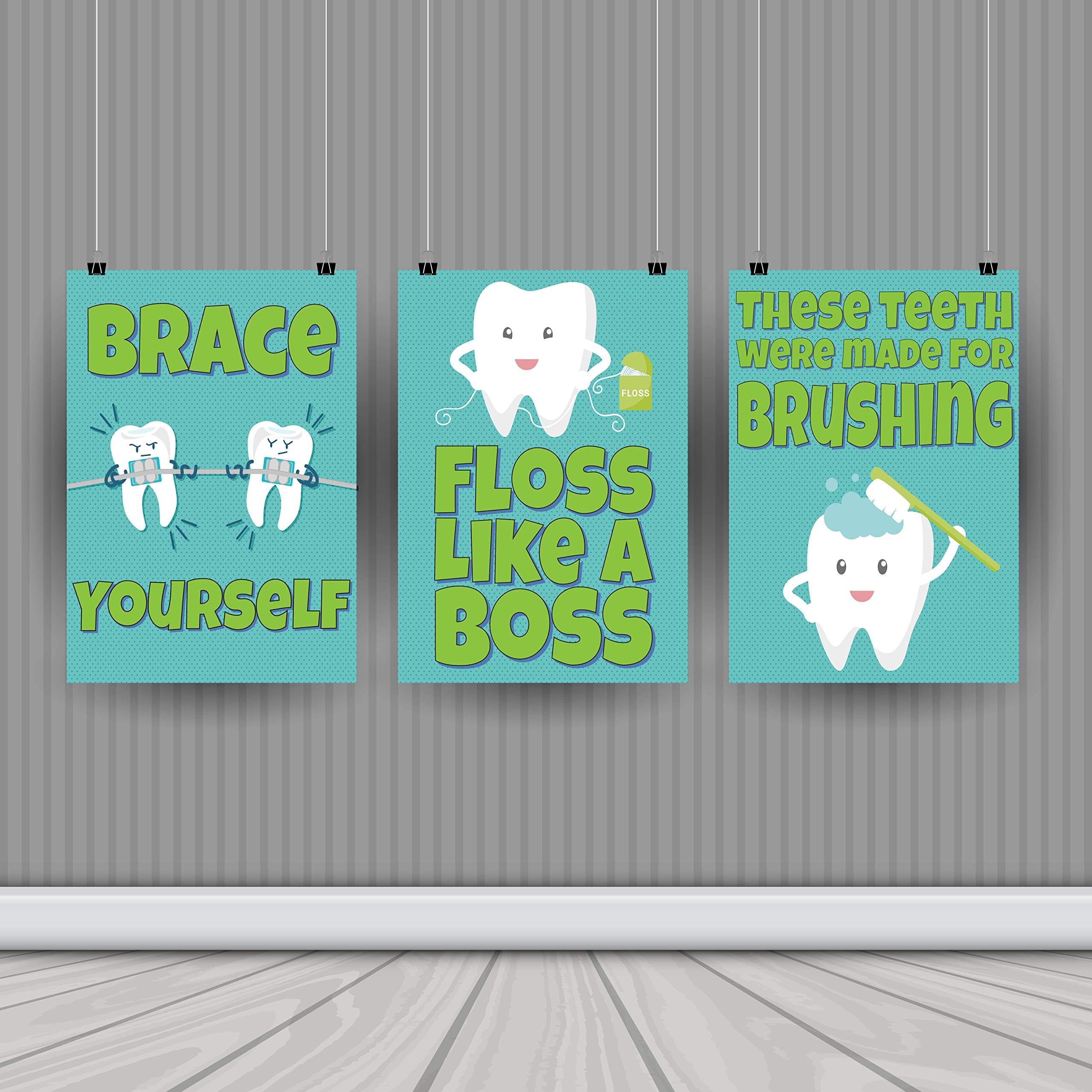 Dental Hygiene Print Collection – Set of Three 11 x 14 Posters – Bathroom Art – Classroom Decor – School – Dental – Orthodontist – Wall Art – Health Class – Dentist Office – Doctor's Office