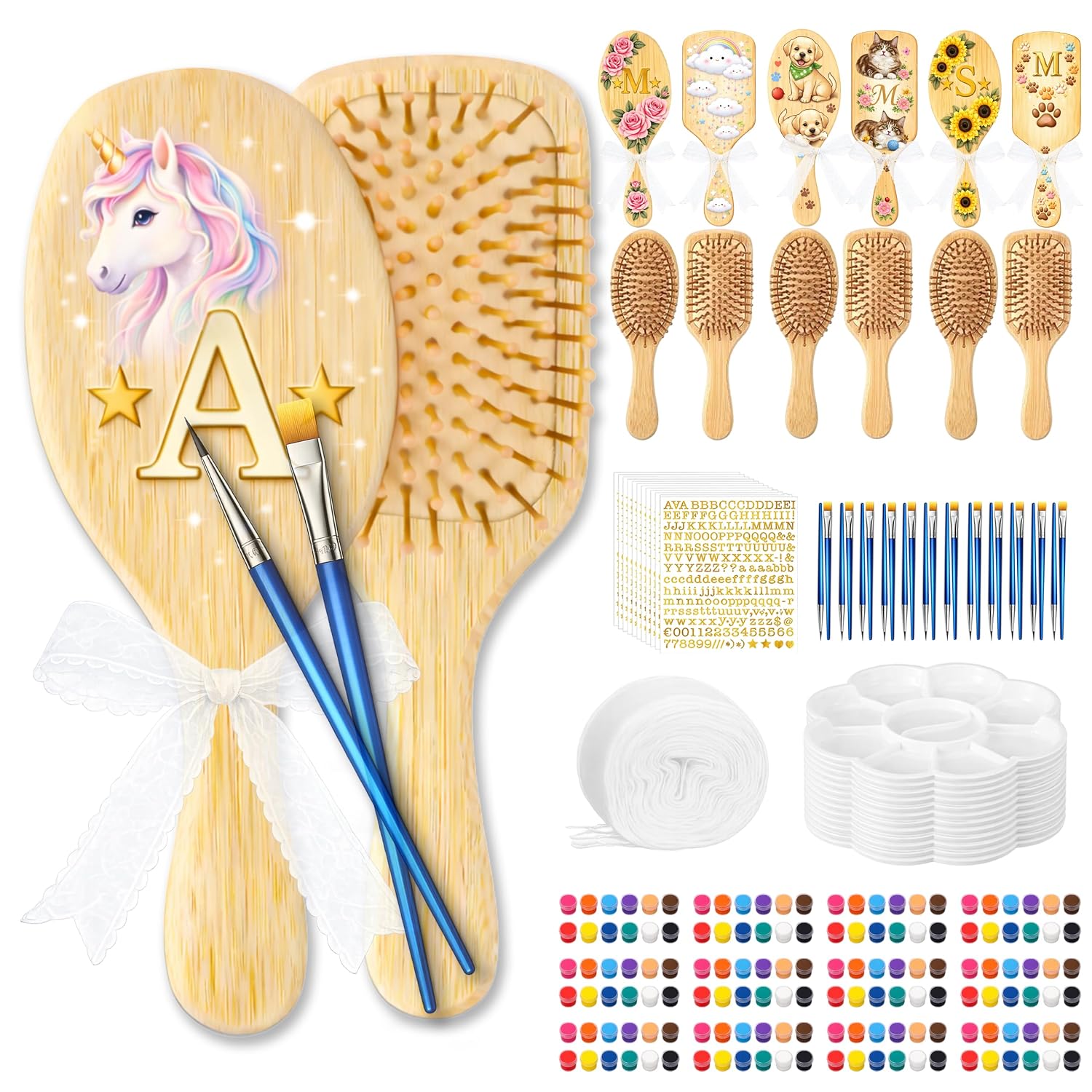 Hair Brush Painting Kit. Paint or Sticker Your Own Wooden Hairbrush, Relaxing After Work Screen-Free Activity, Beginner Friendly, Creative Gift for Girlfriend, Perfect for Daily Use (12)