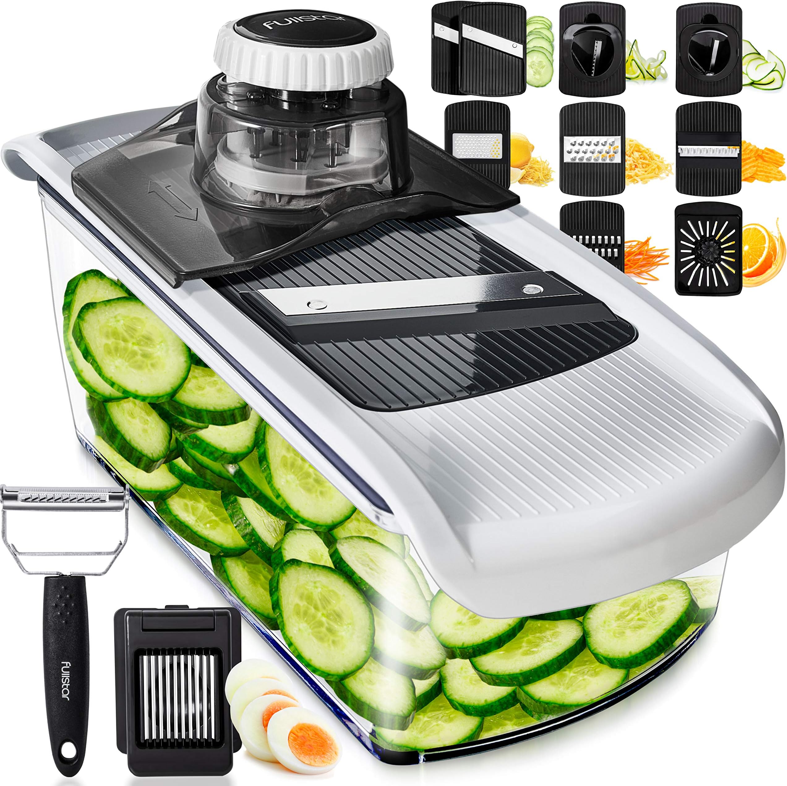Kitchen Mandoline Vegetable Slicer - Mandoline Slicer Spiralizer & Julienne Cutter for Veg Cucumber Onion Potato Carrot - Cheese Grater - Kitchen Tools & Gadgets (PRO 11-in-1, White)