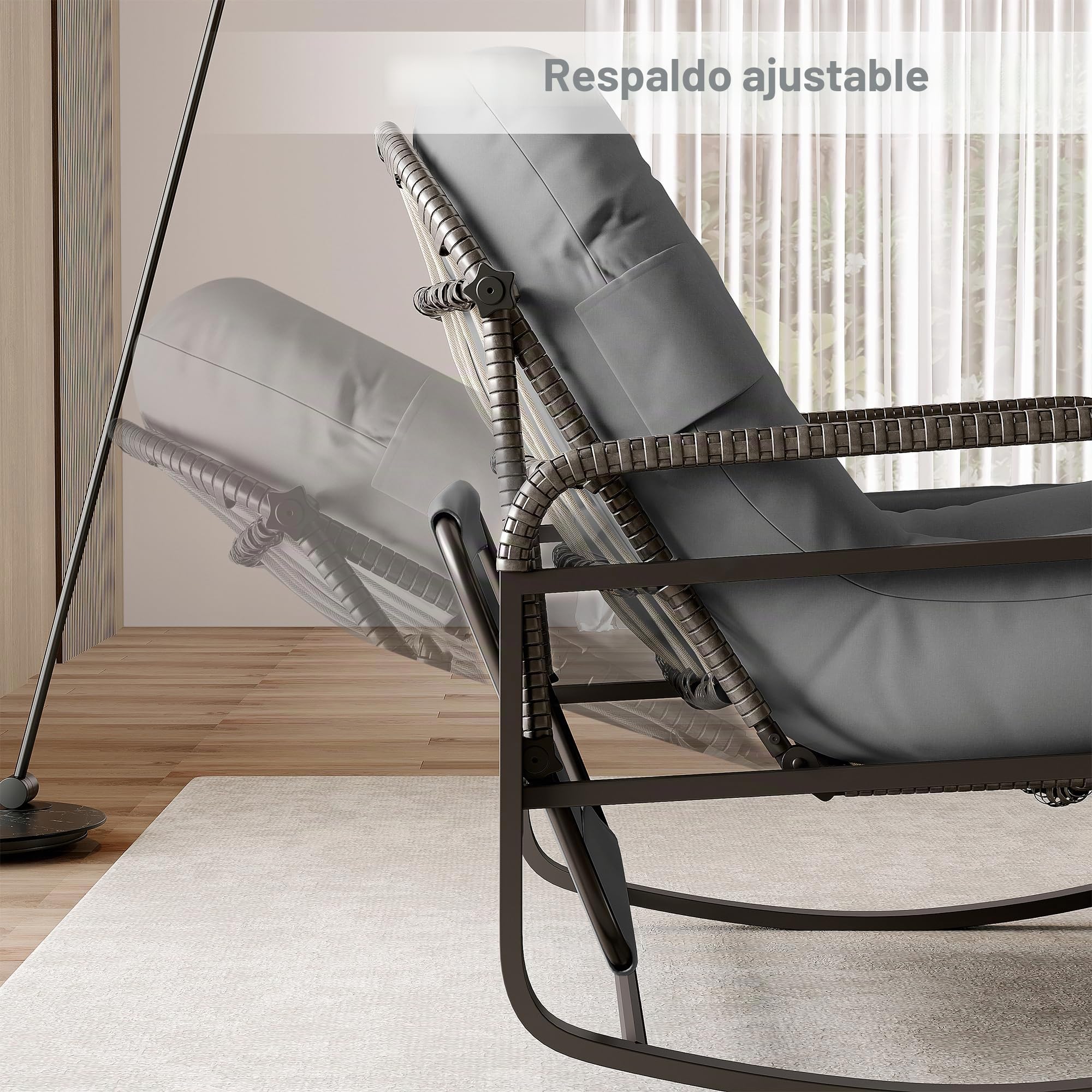 Sillón mecedora exterior interior, silla de salón de ratán PE con cojín acolchado y toldos, mecedora para dormitorio, salón, jardín, terraza (gris)