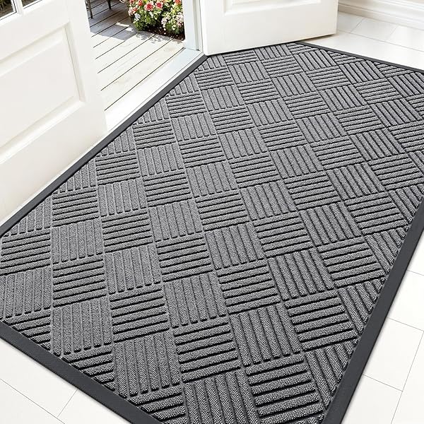 OLANLY Front Door Mat Outside Entrance 29.5x17, Absorbent, Heavy Duty Sturdy Natural Rubber Doormat Indoor Outdoor, Non-Slip, Stain and Fade Resistant, Low Profile Floor Mat for Entryway, Light Gray