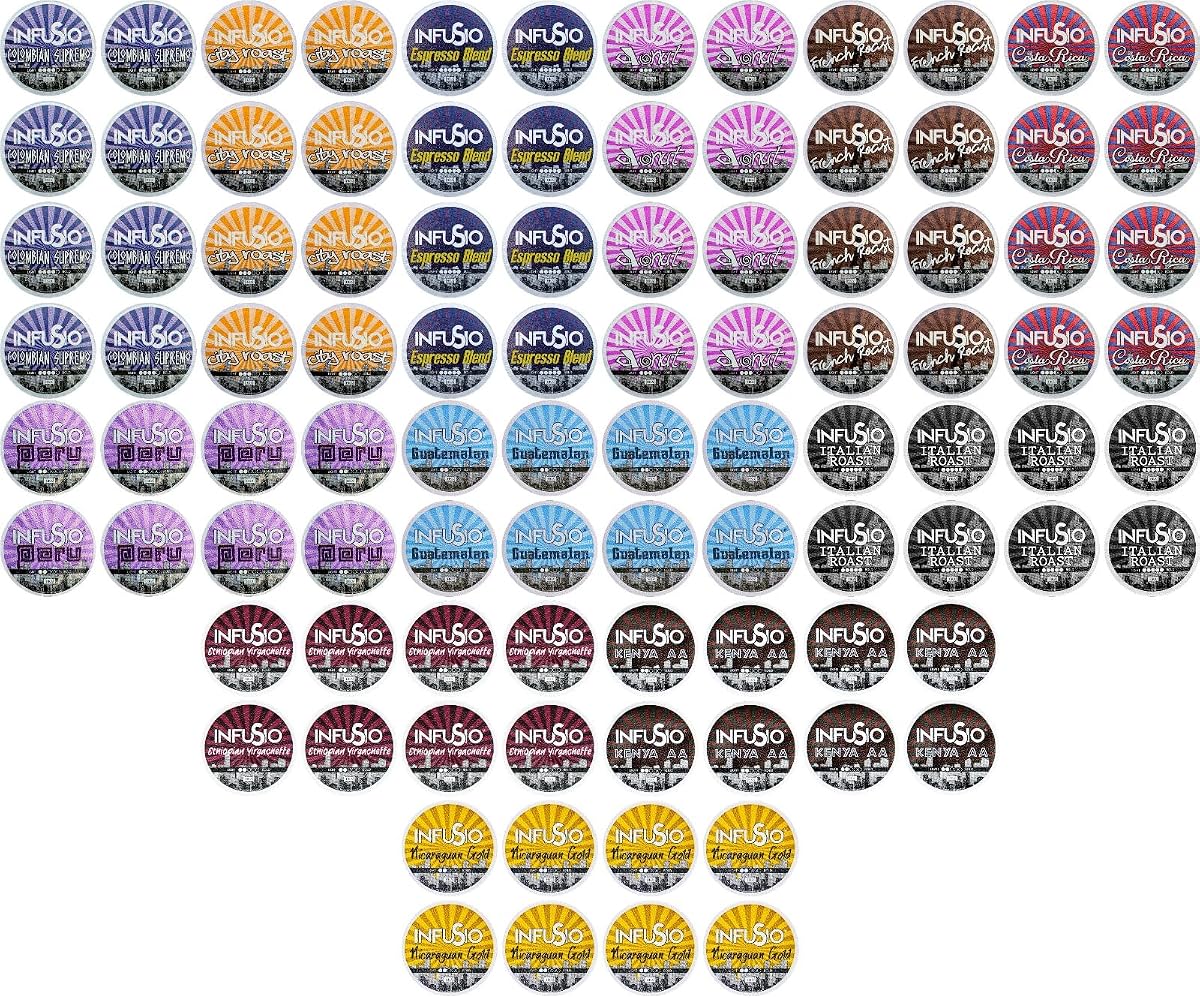 Paquete variado de cápsulas de café InfuSio World Origins – 96 unidades, 12 mezclas inspiradas en Colombia, Etiopía, Kenia, Costa Rica y más, tostado medio y oscuro, bajo en ácido, compatible con Keurig