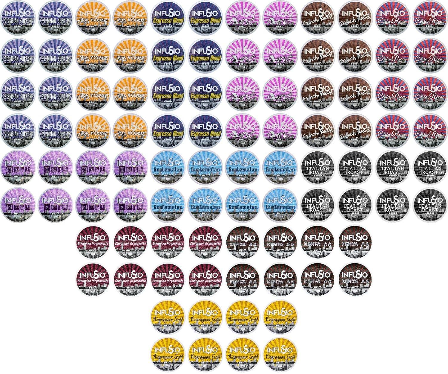 InfuSio Coffee Pods Variety Pack – 96 Count, 12 Sophisticated Medium & Dark Roast Blends, Crafted Blends Collection – Premium Single-Serve Coffee, Compatible with Keurig K-Cup 2.0 Brewers