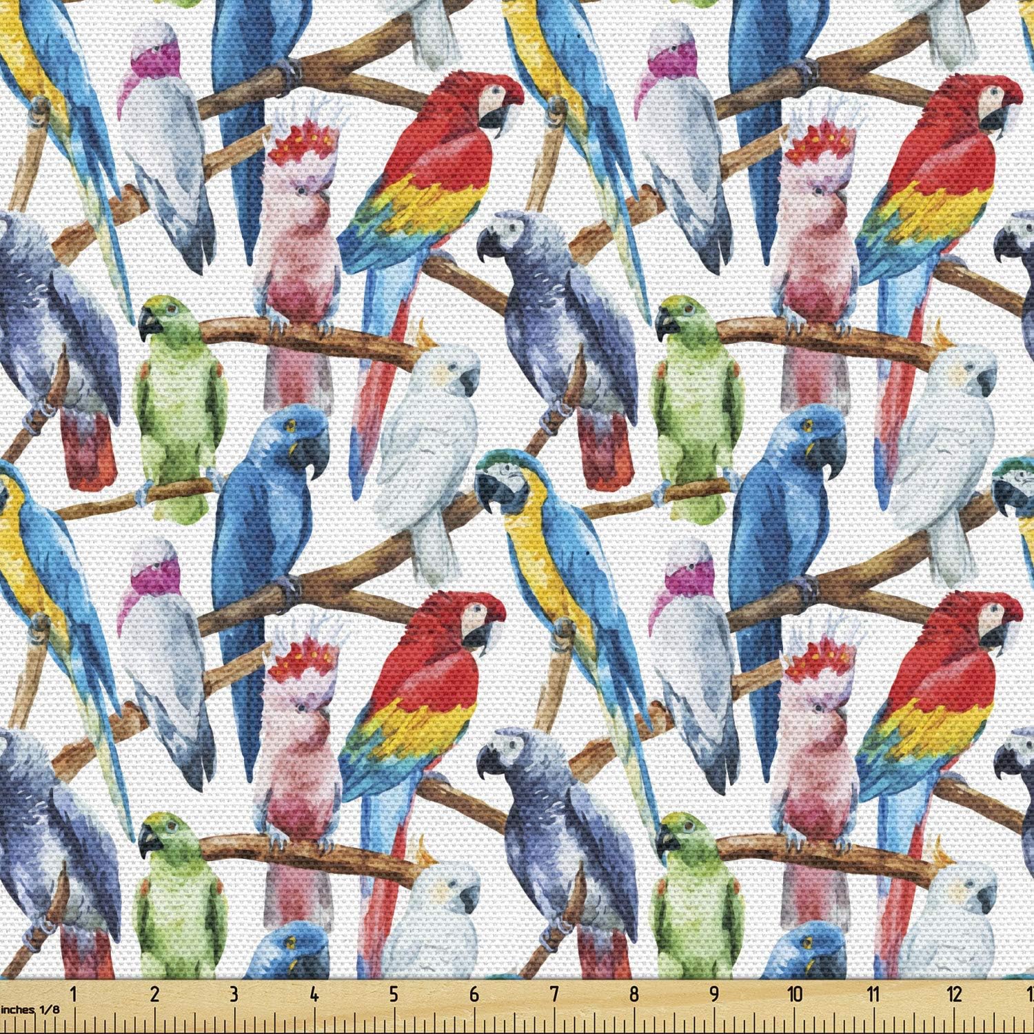 Lunarable Parrots Fabric by The Yard, Colorful Parrots on Tree Branches Exotic Jungle Theme Watercolor Painting Effect, Decorative Fabric for Upholstery and Home Accents, 2 Yards, Cobalt Red