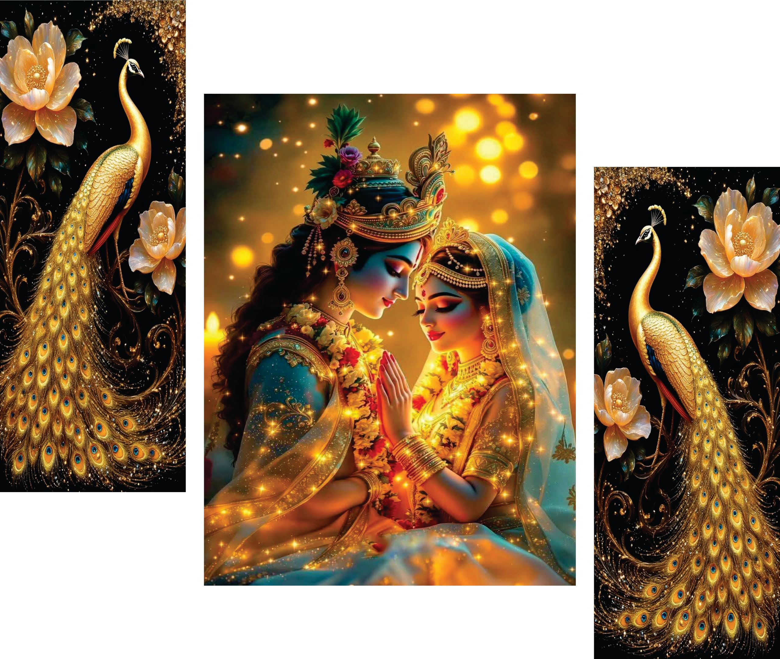 Radha Krishna with Golden Peacock Wall Art, Set of 3 | Spiritual Decor, Glitter Gold Finish, Peacock Design, Home Wall Hanging, Vibrant Print-image-7