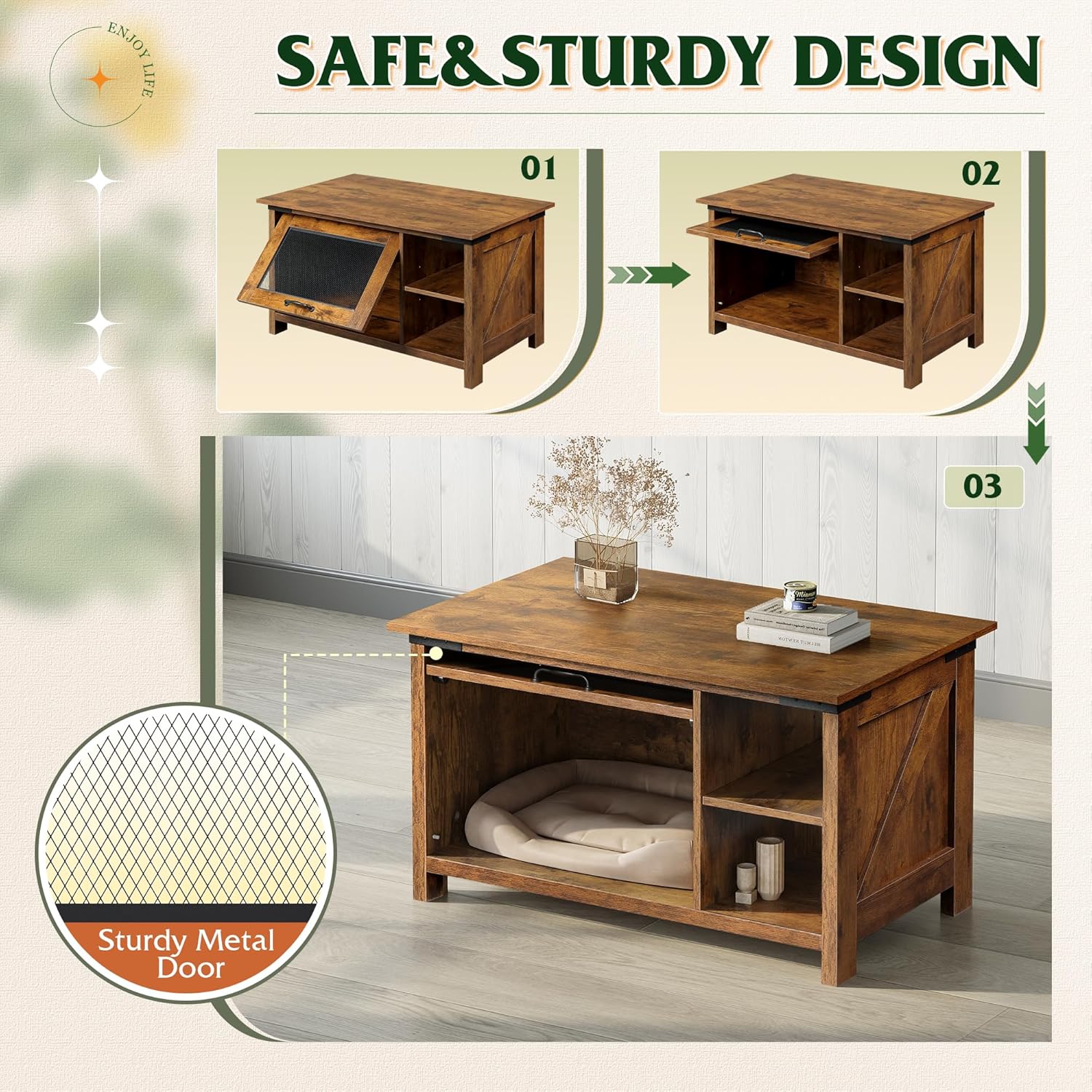 WLIVE Coffee Table with Storage, Modern Coffee Table with Flip-up Door, 2-in-1 Center Table Cat House Furniture for Living Room, Home, Rustic Brown