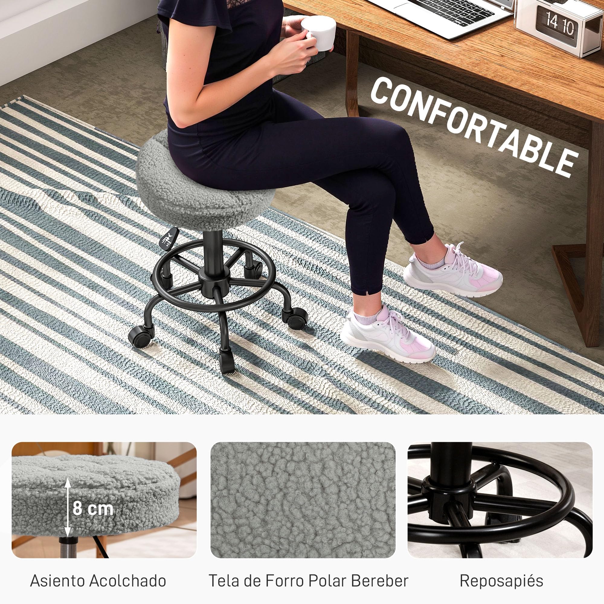 HOMCOM Sgabello rotondo girevole con ruote Altezza regolabile 50-66 cm Seduta imbottita in tessuto di pile per saloni officine Spa Massaggi Grigio