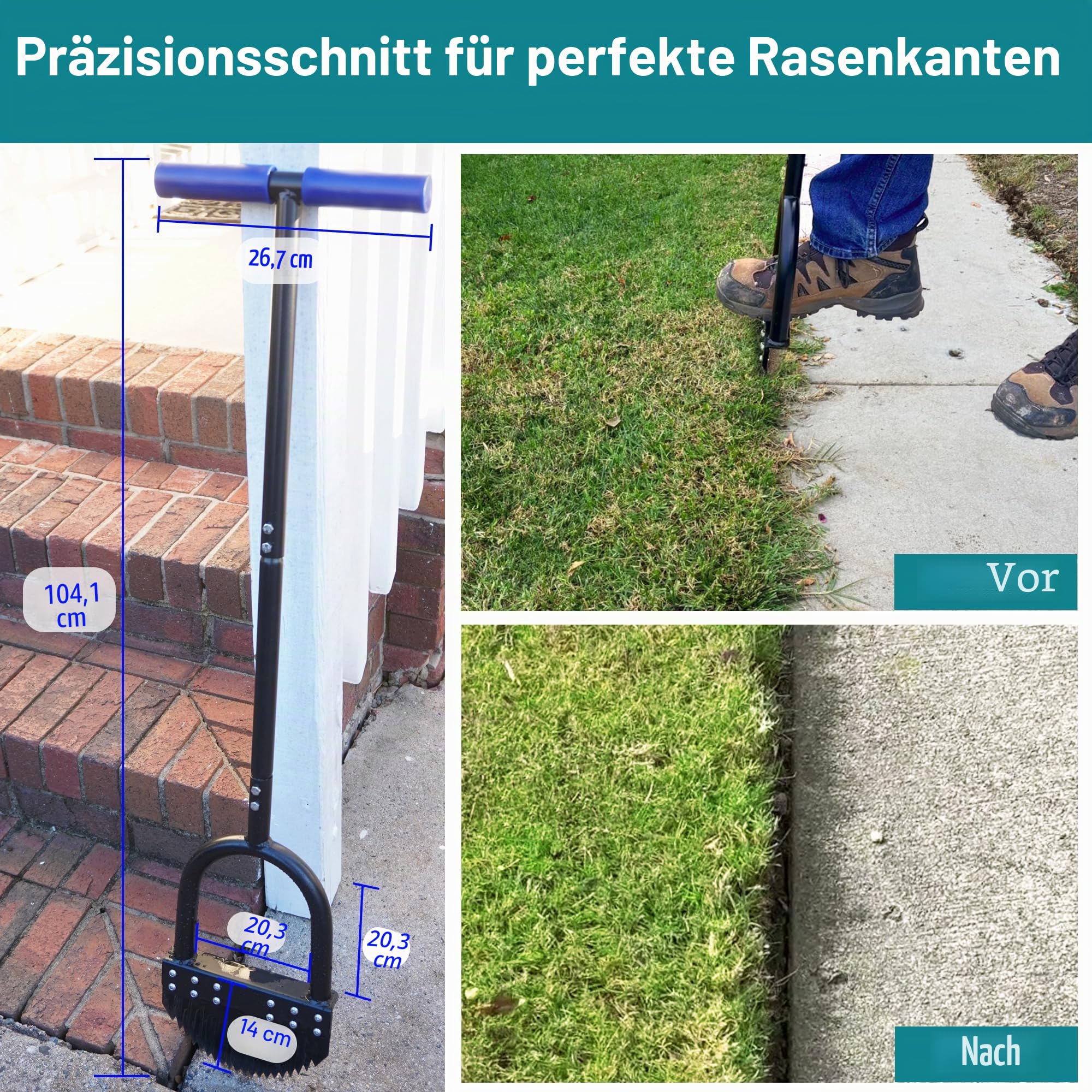 Rasenkantenstecher 104cm Langer Kantenschneider mit Federstahl-Sägezahnklinge Breite Fußplattform Korrosionsgeschützter Halbmond-Rasenkantenschneider für Garten Rasenpflege Beet