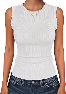 ANRABESS Women's Ribbed Crew Neck Ruffle Tank Top Sleeveless Sweater Vest Summer Business Casual Outfits