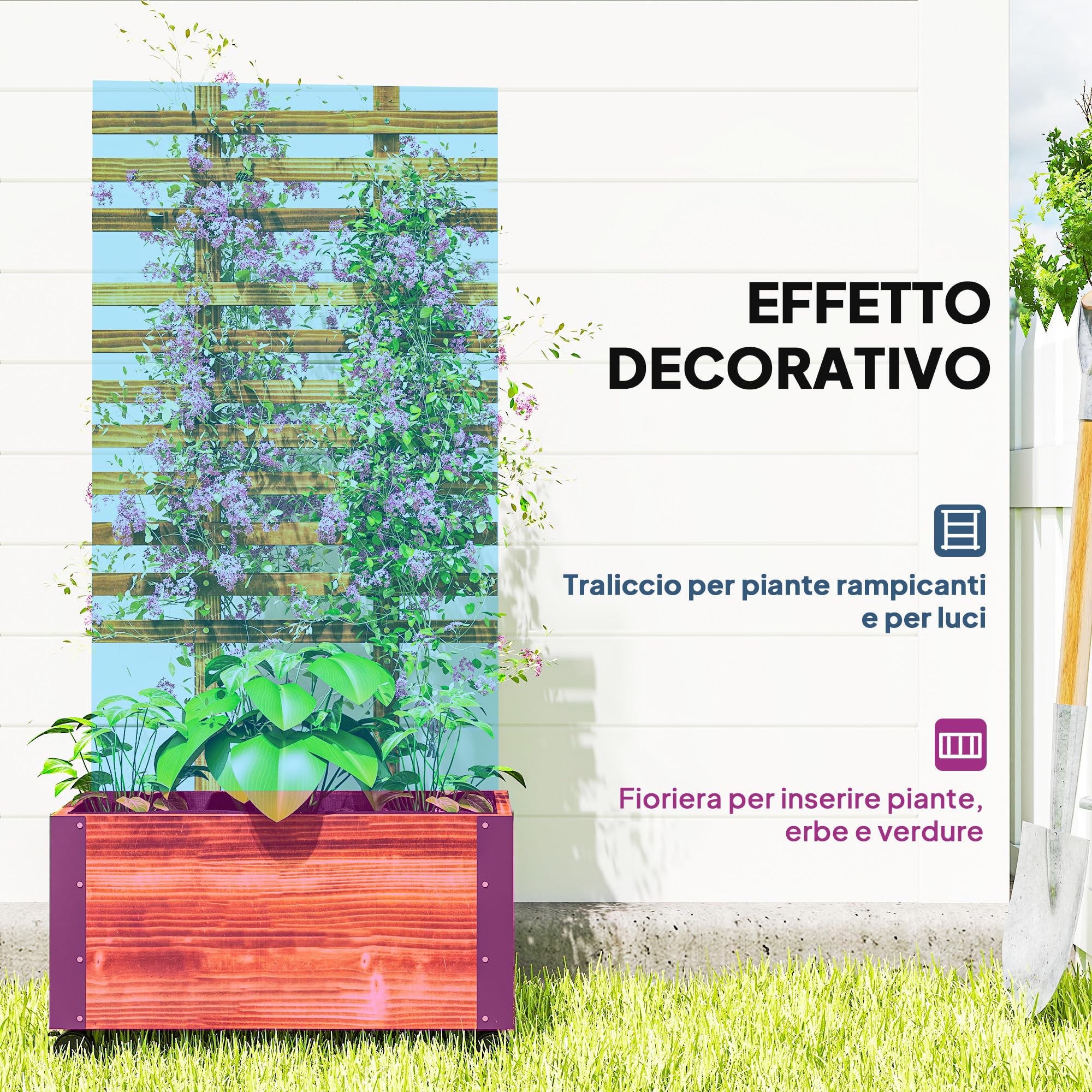 Outsunny Fioriera con Traliccio per Rampicanti e Rotelle, Fioriera in Legno di Abete con Design Autodrenante, 65x31x147 cm, Marrone Carbonizzato