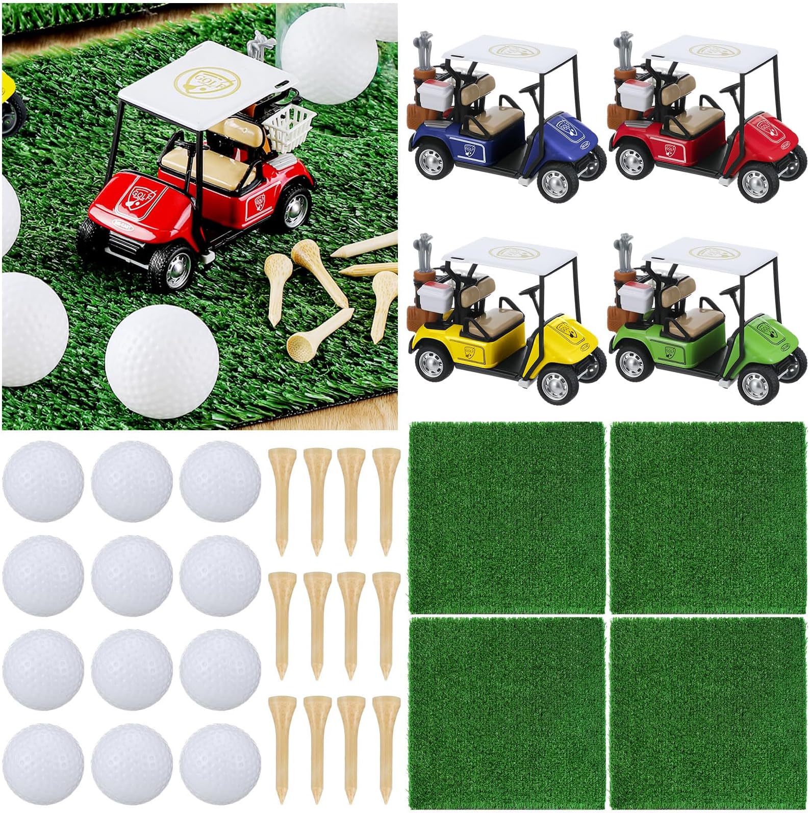 32 Pcs Mini Golf Carts Replicas Sets 4 Inch Metal Pull Back Action Carts Golf Table Centerpiece Decorations with Practice Ball Golfing Course Shaped Mat for Sport Birthday Party (Square)
