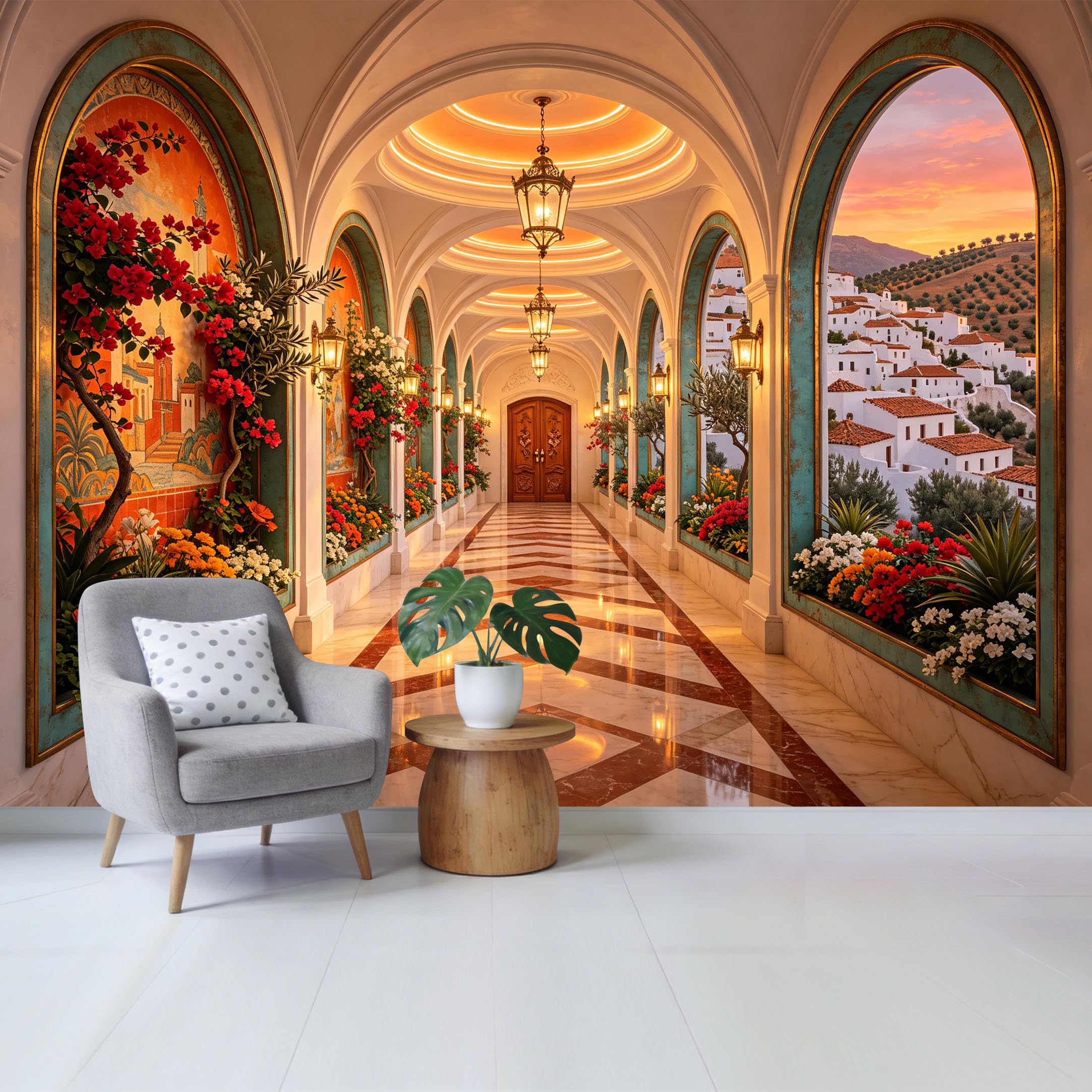 Custom Size Wall Mural Mediterranean Coastal Village Sunset Archway Floral Landscape Removable Self Adhesive Fabric Home Wall Decor for Living Room Bedroom Bathroom
