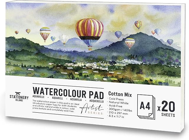 STATIONERY ISLAND Watercolour Paper 300gsm A4 Cotton Artist Grade Water Colour Art Pad 20 Sheets Watercolor Sketchbook for Professional Student Kids Landscape Painting, Drawing and Sketching