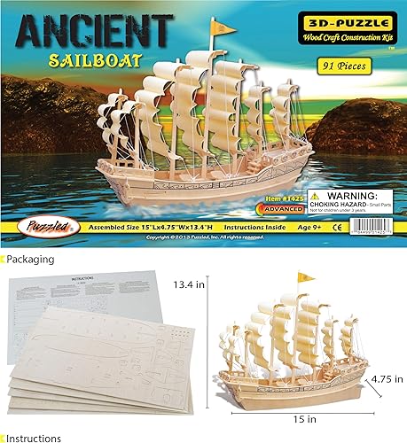 Miniatura 2 de Puzzled Rompecabezas 3D, antiguo velero de madera, kit de modelo de construcción, único y educativo, juguete de madera para armar modelo de