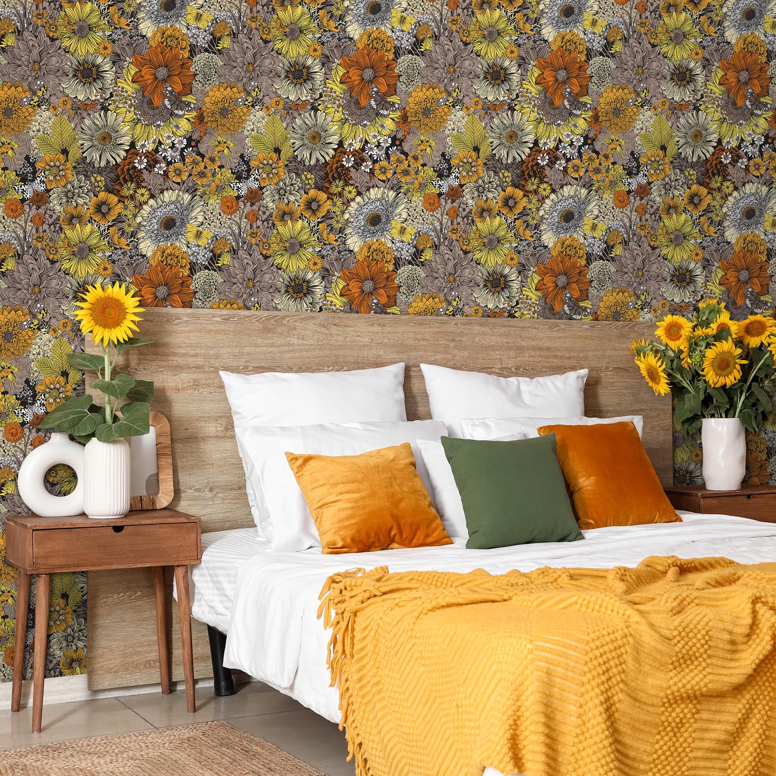 FunStick 44.5CMx9M Peel and Stick Floral Wallpaper Dark Orange Flowers Sticky Back Plastic for Furniture Yellow Wallpaper for Kitchen Bathroom Floral Vinyl Wrap for Cupboards Walls Orange Sunflowers - Image 2