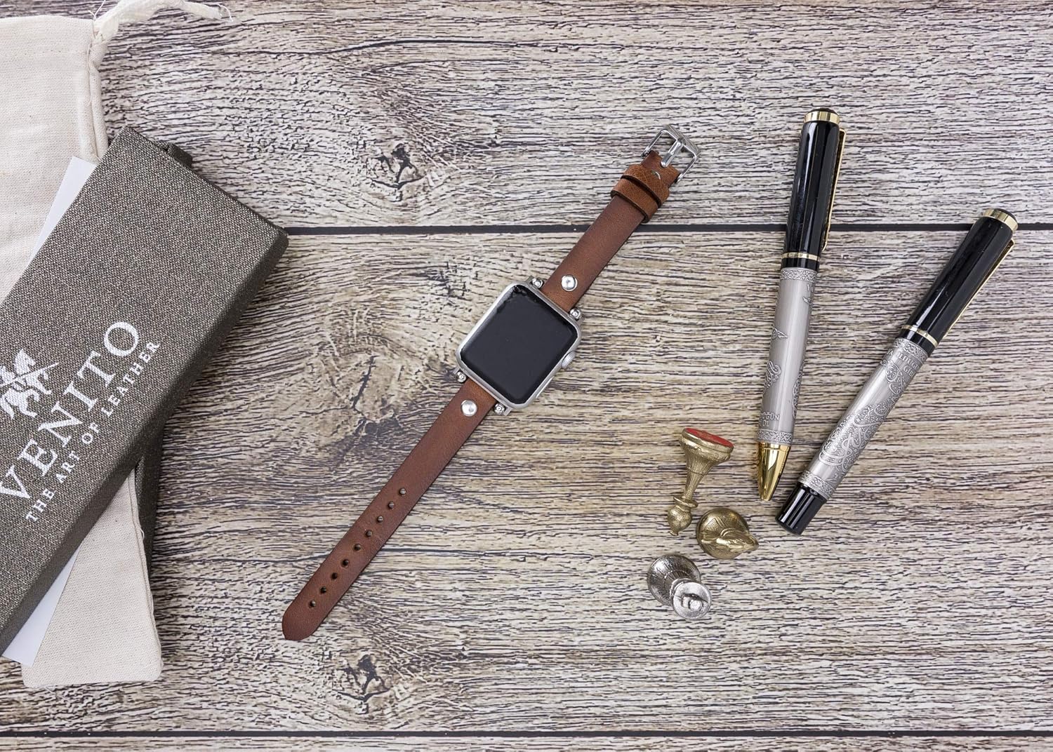 Best Quality 🔥 Venito Perugia Premium Leather Slim Watch Band Strap w/Gold Studs Compatible w/Apple Watch Series 1,2,3,4,5,6,7,SE w/Stainless Steel Hardware (Antique Brown w/Silver Connector &Clasp, 38mm-40mm)