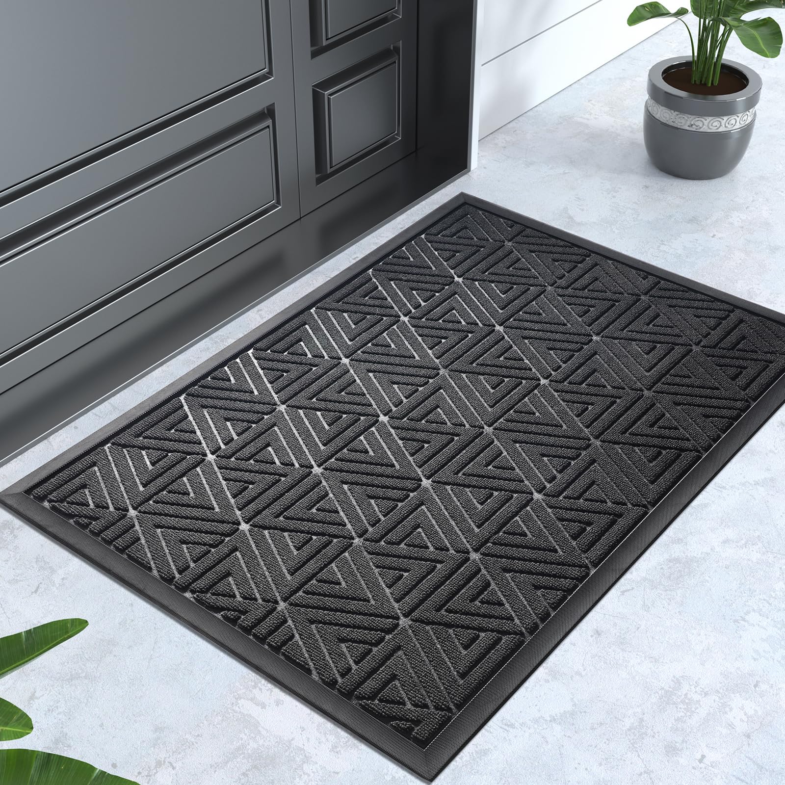 Yimobra Outdoor Mats for Front Door, Waterproof All-Weather Door Mat Outside Entrance, Heavy Duty Non-Slip Welcome Mat, Garage and Patio Indoor Entryway Doormat, Easy Clean, Black