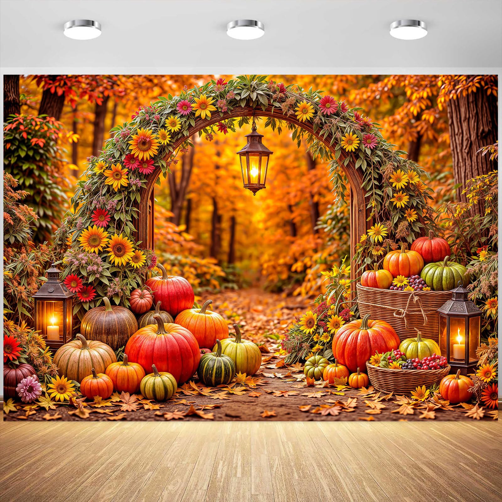 Fondale fotografico autunnale per il Ringraziamento, 2,1 x 1,5 m, con zucca, raccolto e arco, con girasoli, foglie d'acero e lanterne, per servizi fotografici di famiglia, accessori per foto e