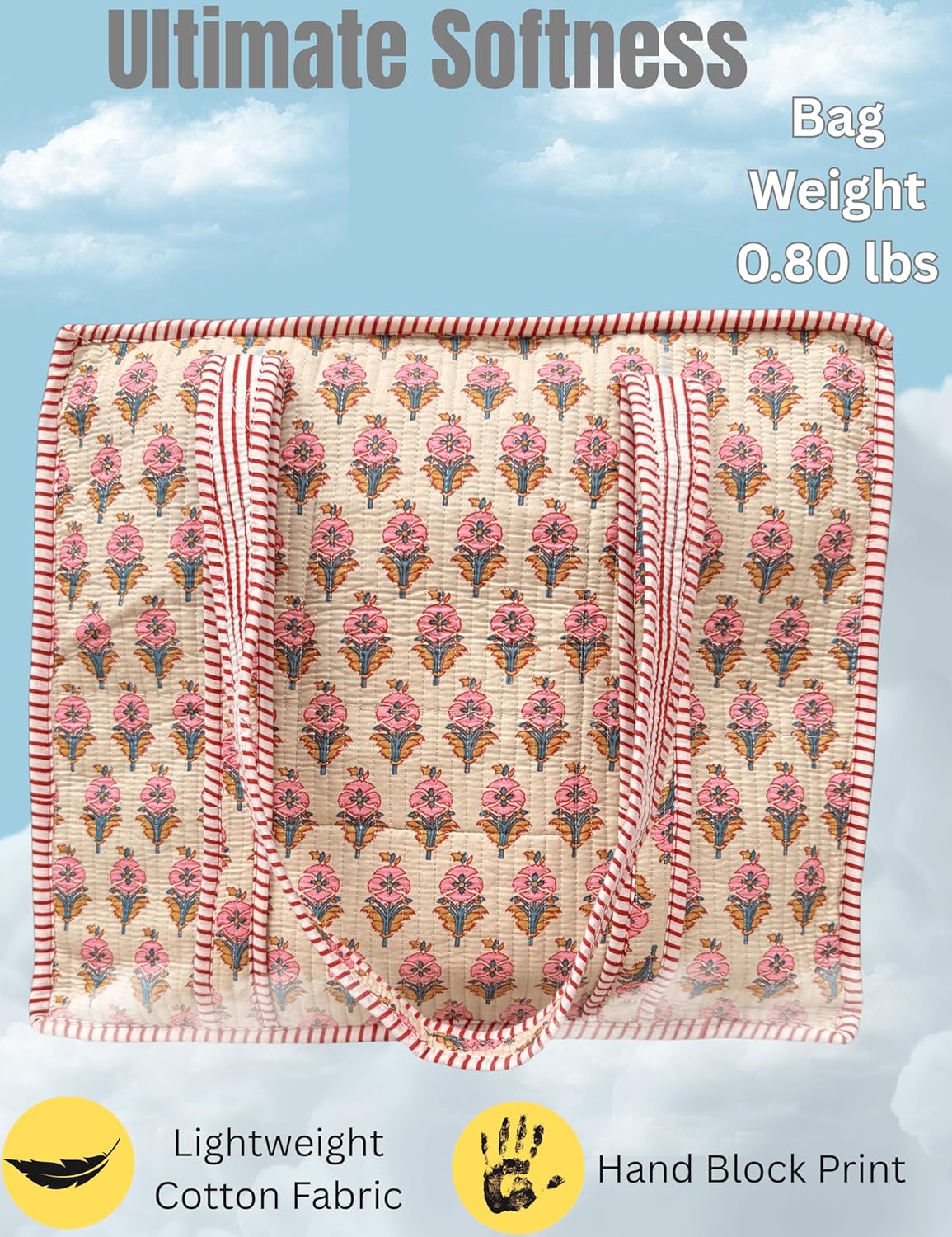 100% Cotton Quilted Tote Bag 18x16– Large Zipper Beach Bag & Travel Bag Green Purse Reusable Grocery Bags - Image 4