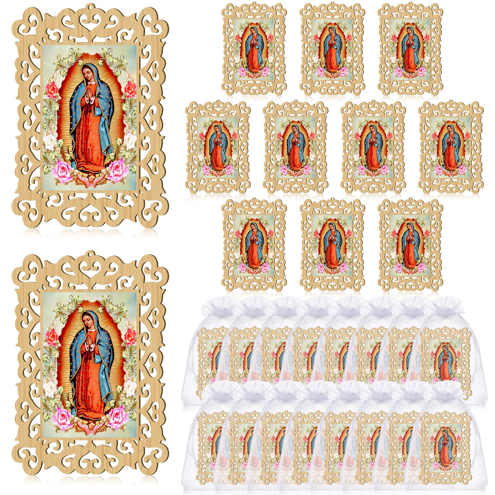 Quelay 24 Pcs Our Lady of Guadalupe Wooden Picture Frames with Organza Gift Bags Baptism Favors for Guests First Communion Christening Memorial Engrave Guest Gift Catholic Gifts Recuerdos De Bautizo 24 Our Lady of Guadalupe